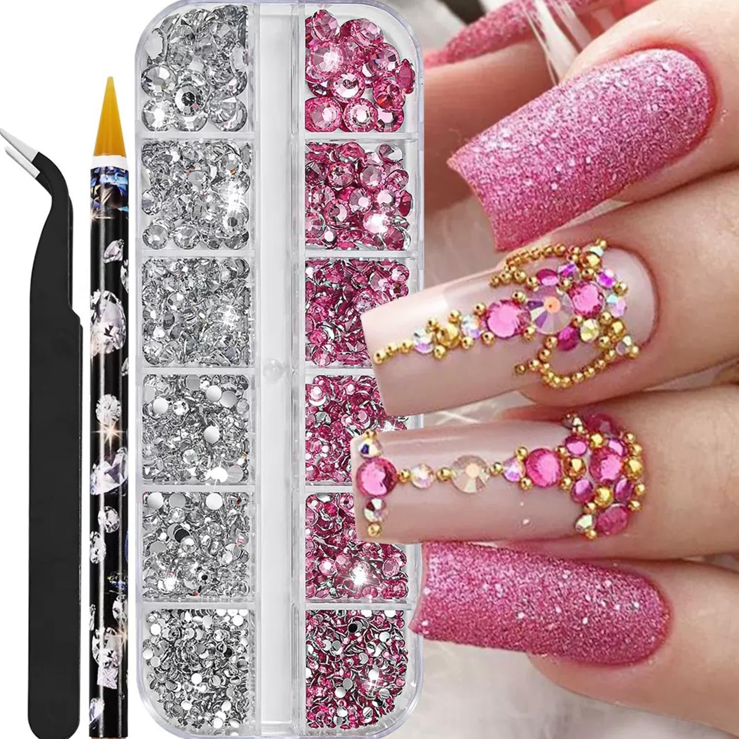 Стразы для ногтей 5 размеров, розовые и прозрачные, фото №1