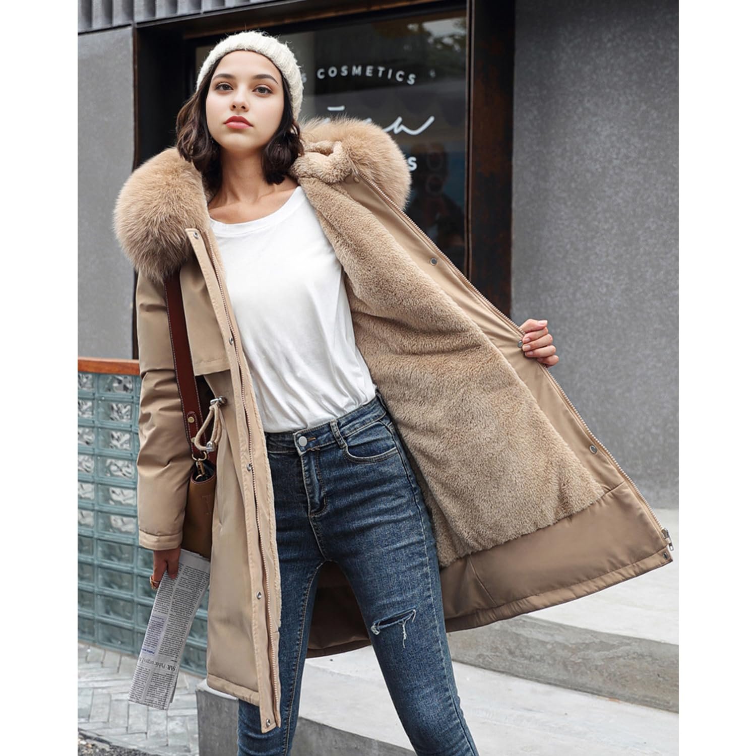 Жіноча парка з капюшоном зі штучного хутра, тепла, фото №4
