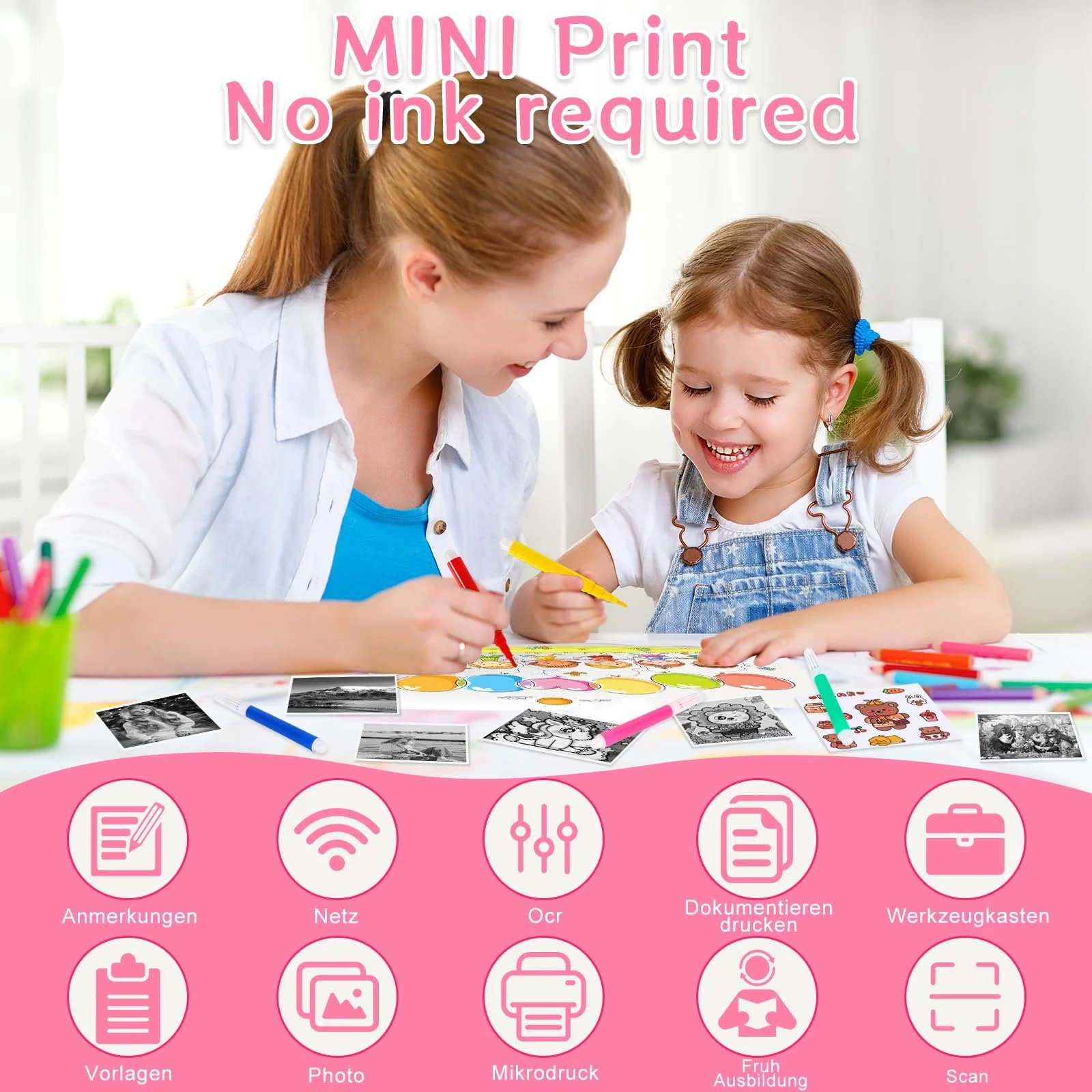 Детская фотокамера мгновенной печати 12MP 2.4-дюймовый экран 1080P с картой 32G, бумагой для печати и цветными ручками, фото №6