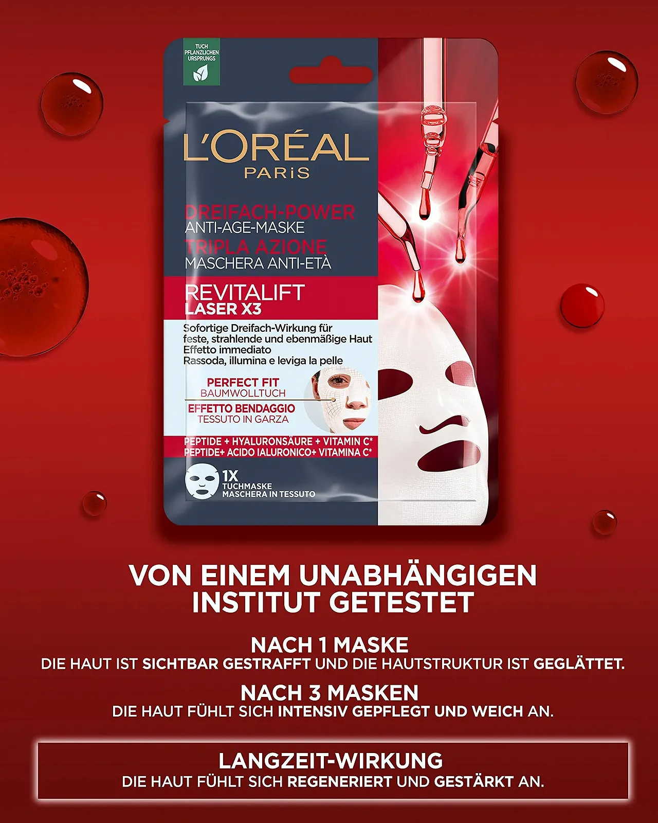 Тканевая маска L'Oréal Paris RevitaLift Laser X3 Anti-Ageing с тройным действием для женщин: для упругой, сияющей и ровной кожи с про-ретинолом, витамином C и гиалуроновой кислотой, набор из 5 штук, фото №6