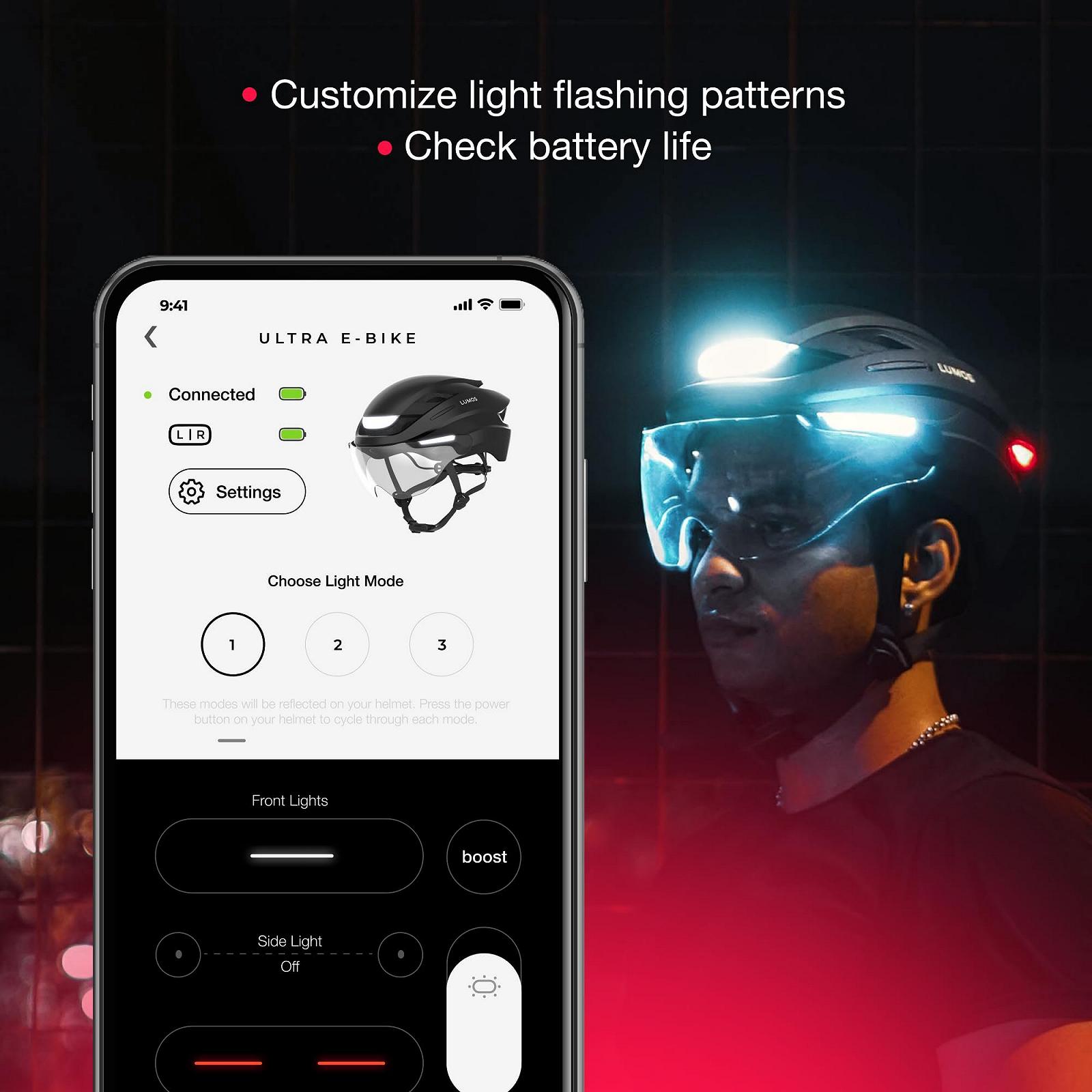 Шолом Lumos Ultra E-Bike Smart з передніми та задніми LED-ліхтарями, висувним щитком, керуванням через додаток для дорослих, фото №4
