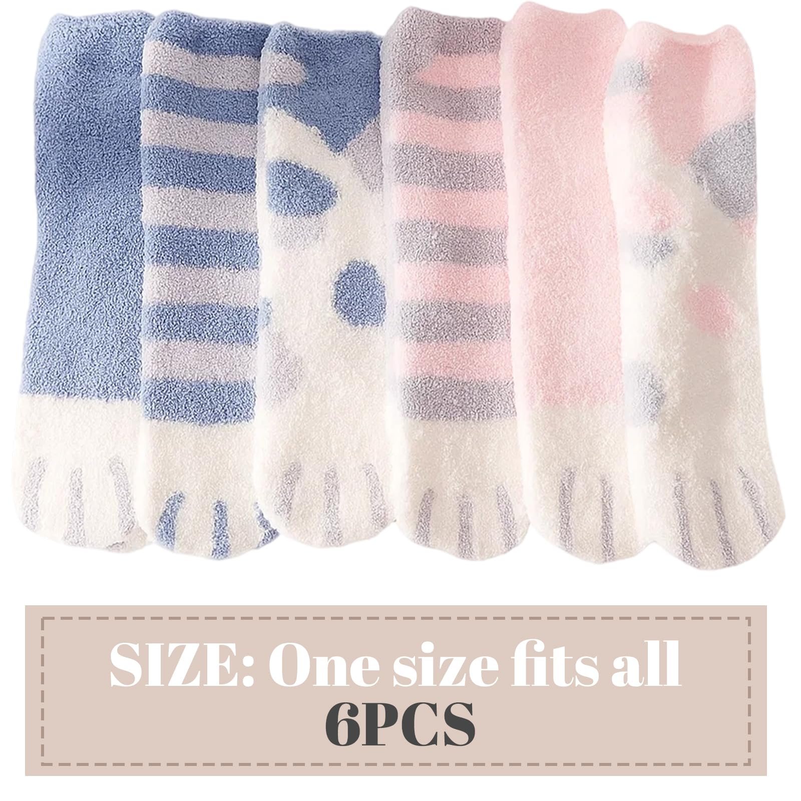 Женские Мягкие Носки 6 Пар Носки для Сна Мягкие Теплые Пушистые Носки для Зимы Голубые и Розовые Цвета в Полоску и с Узорами, фото №2