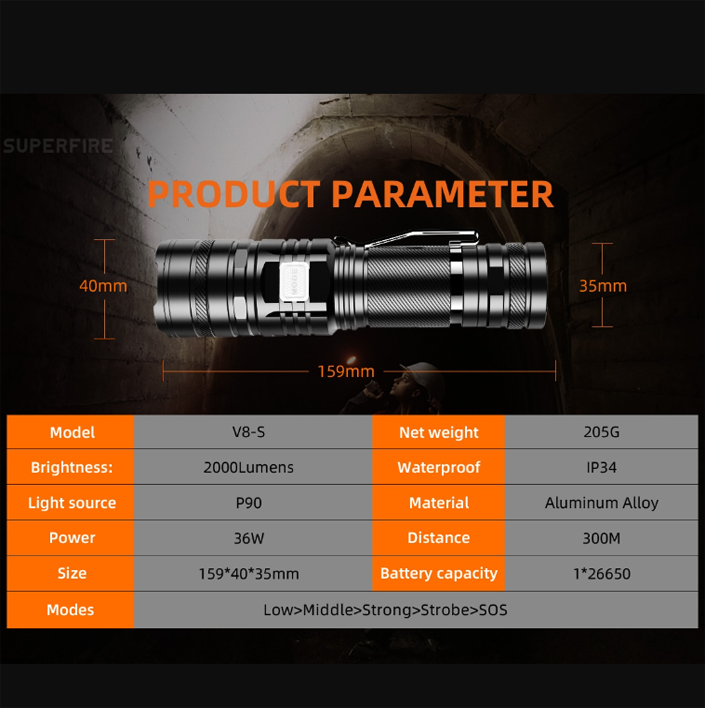 Фонарь ручной аккумуляторный V8-S SuperFire 2000 Lumen IP34, фото №9