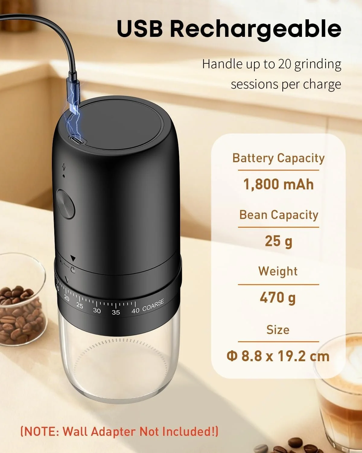 Кофемолка Pawfly Коническая керамическая 40 ступеней с автоматической остановкой и щеткой для чистки Электрическая Профессиональная для путешествий Кемпинга, фото №3