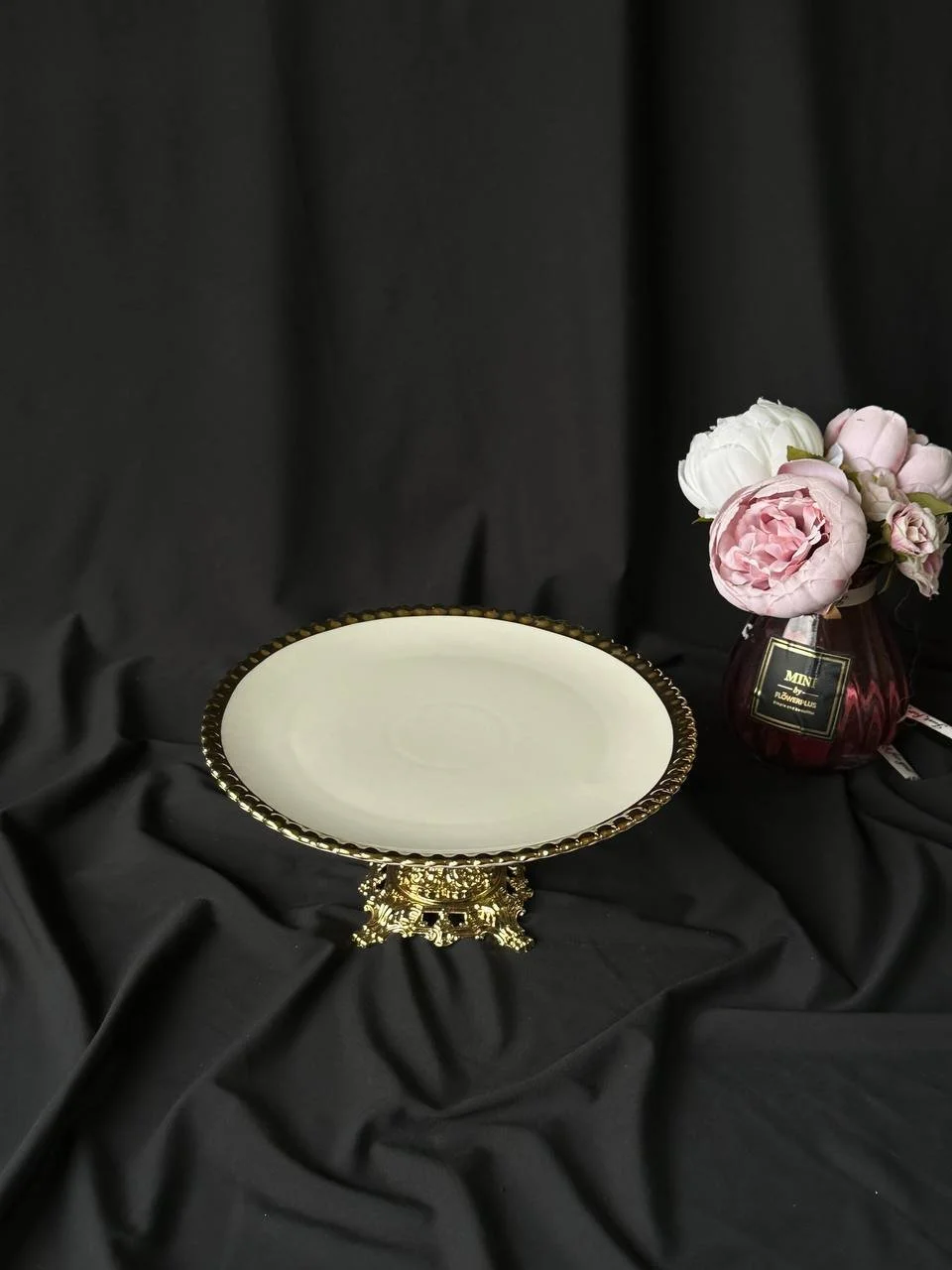 Тортовщица, блюдо из фарфора с золотой оконтовкой на золотой ножке 27 см, фото №2