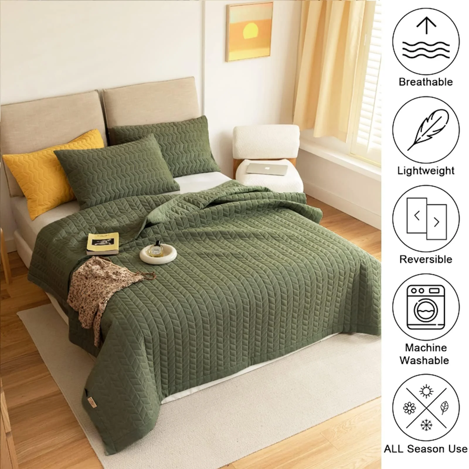 Покривало King Size Lunoroey Мікрофібра М'яке Легке Стьобане Всесезонний Набір Зелений (1 ковдра, 2 наволочки), фото №3