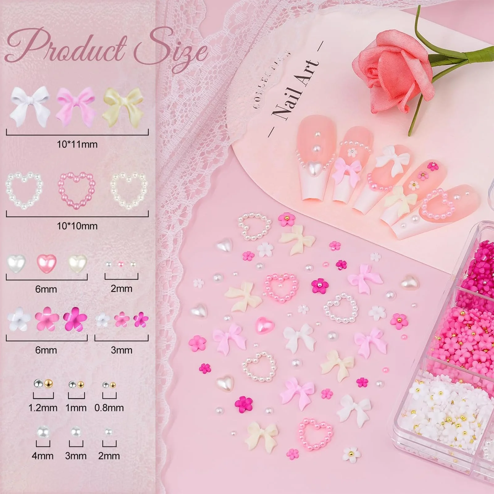 Набор украшений для ногтей Moguri 3D, бабочки, бантики-сердечки, стразы, бисер, камни для ногтей с пинцетом и инструментом для Y2K украшений ногтей, фото №2