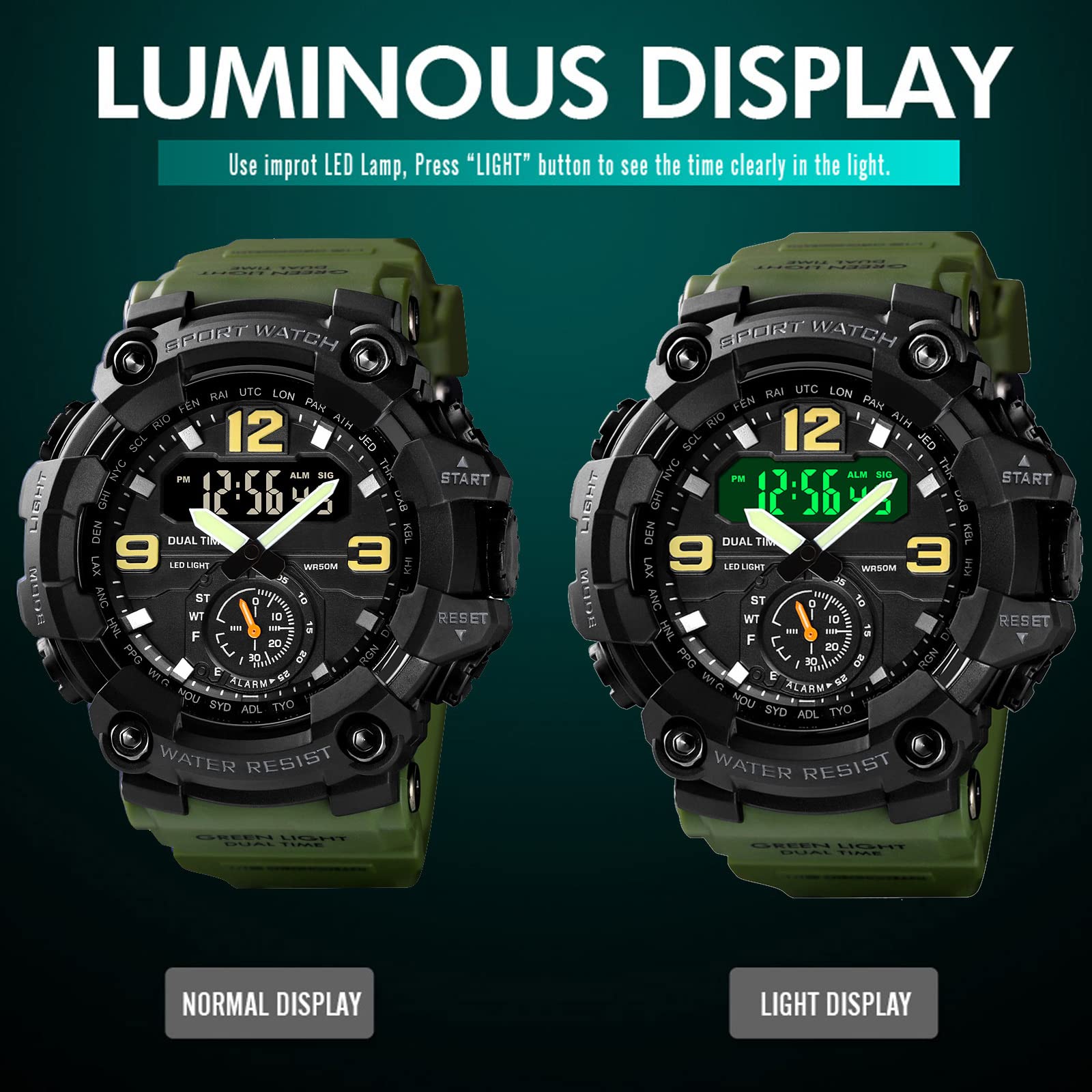 Часы Digital findtime Большие для мужчин и мальчиков 5ATM Водонепроницаемые Спортивные 12-24H Будильник Дата Секундомер Три часовых пояса Военные тактические, фото №5
