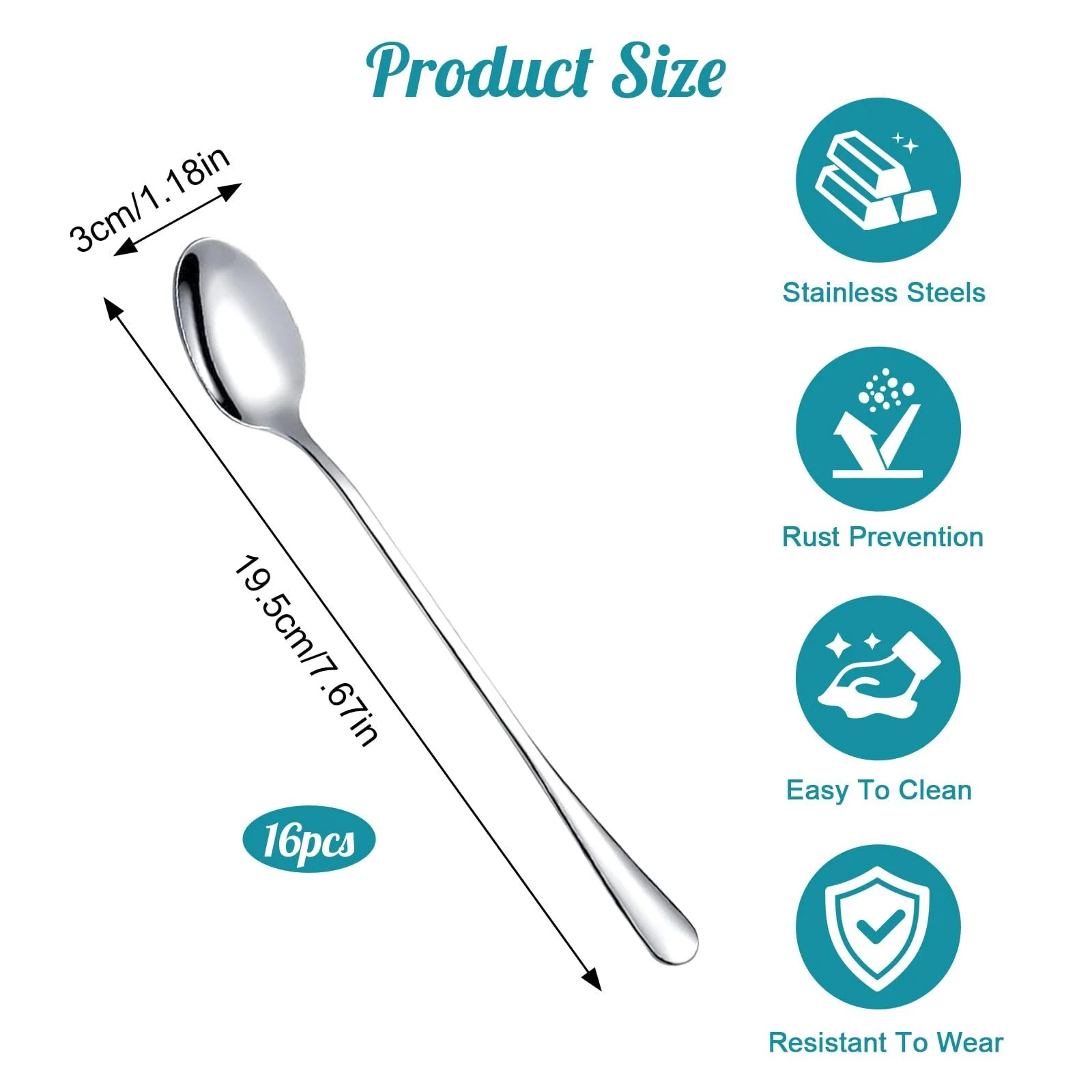 Ложка для лате макіато, набір 19.5 см, срібляста, з довгою ручкою, фото №2