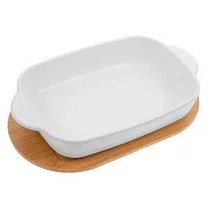 Форма для запекания Cabilock Прямоугольная керамическая с деревянным основанием маленькая термостойкая - Фото 1