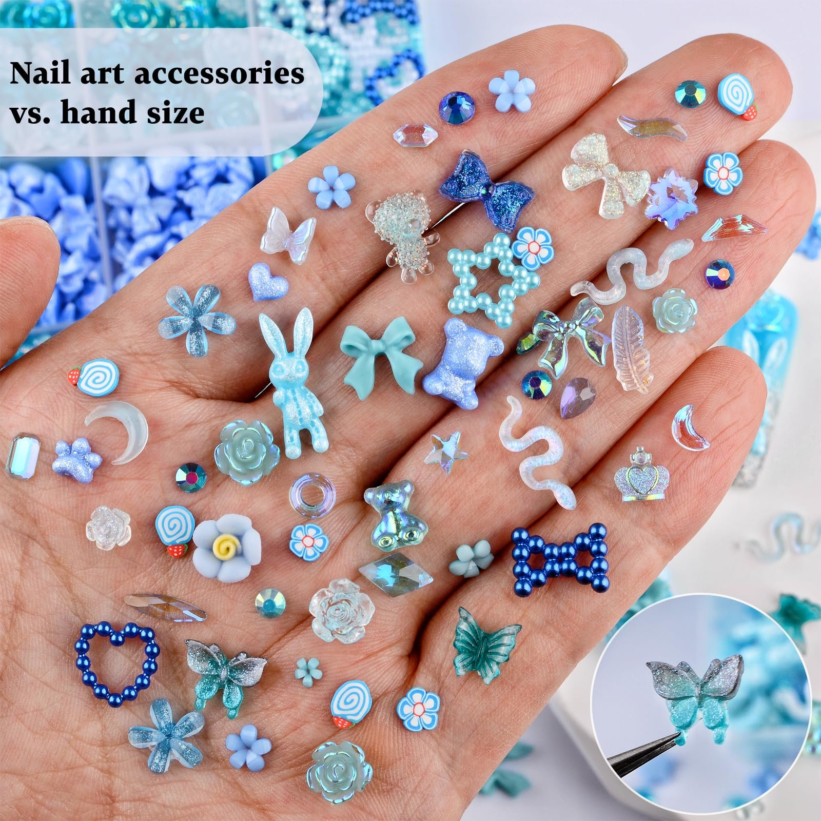 Набір для нігтів 3D Метелик Троянда Квітка Бант Кролик Ведмідь 850 шт. зі стразами, кришталевими дорогоцінними каменями та дисками для манікюру, DIY прикрас (Синій), фото №5