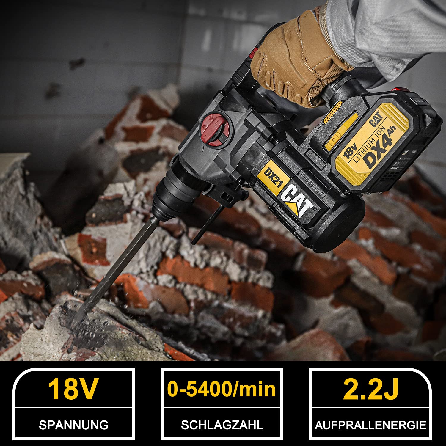 Перфоратор CAT DX21 4-в-1 бесщеточный аккумуляторный 2.2J SDS Plus 0-1210 об/мин и 0-5400 об/мин 2 x 18 V 4.0 Ah в кейсе, фото №2