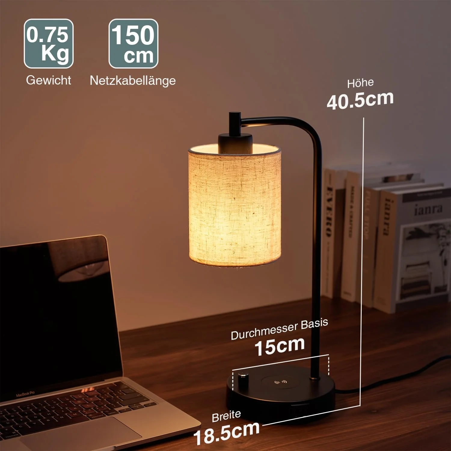 Настільна лампа Hestia Nest LED Бездротова зарядка USB-C+A Димована Льняний абажур, фото №6