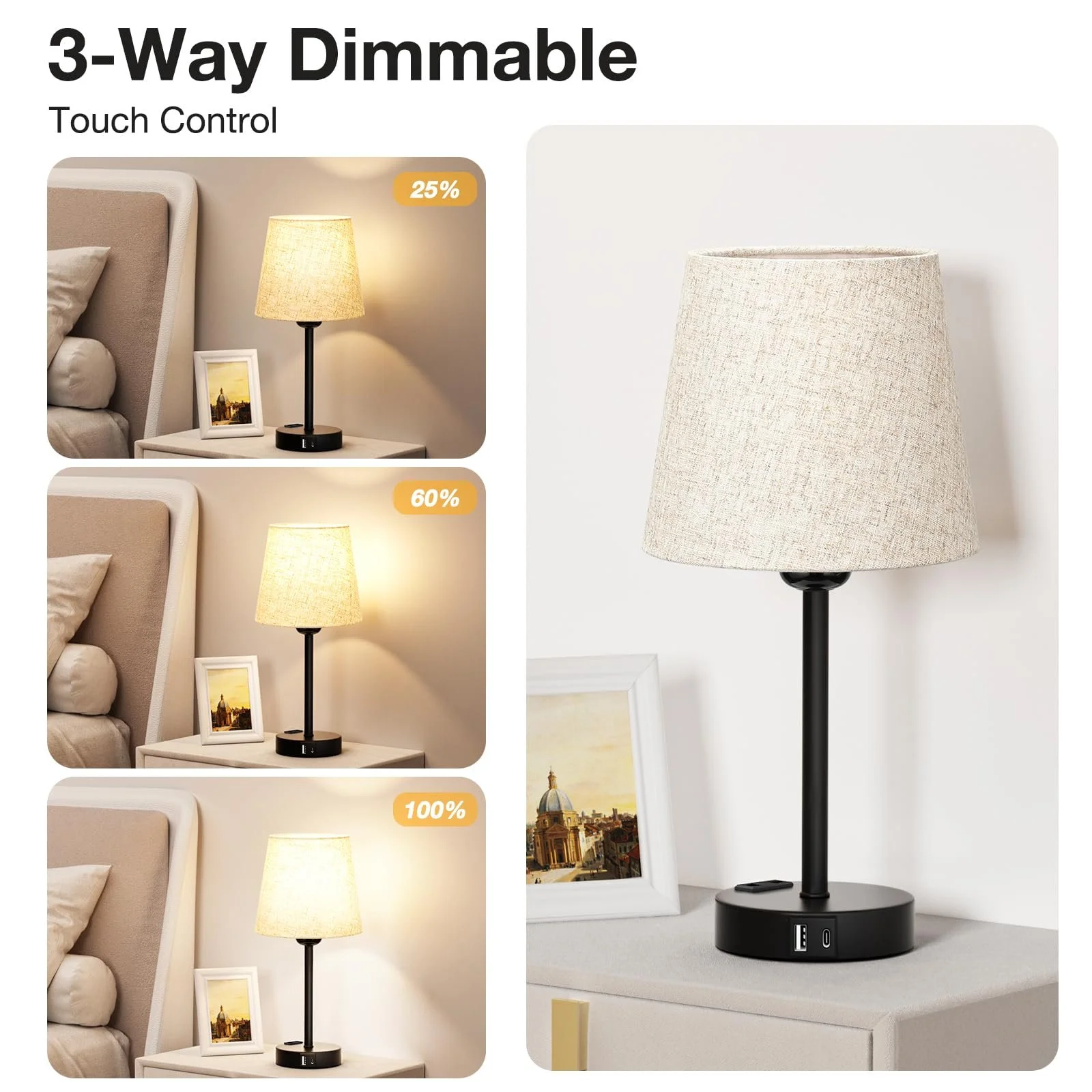 Настільна лампа Kakanuo Набір з 2 шт. Сенсорна USB A+C LED Бежевий, фото №2