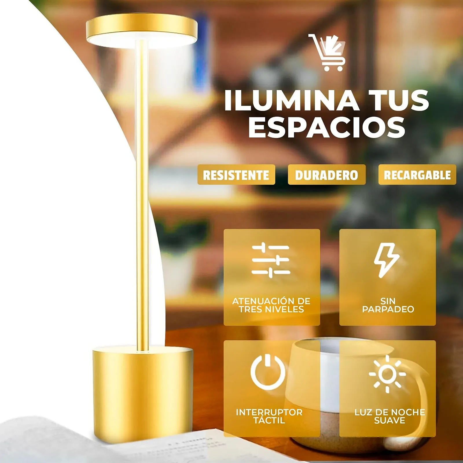 Настільна лампа LED Бездротова 3 режими USB Акумуляторна Золота, фото №2