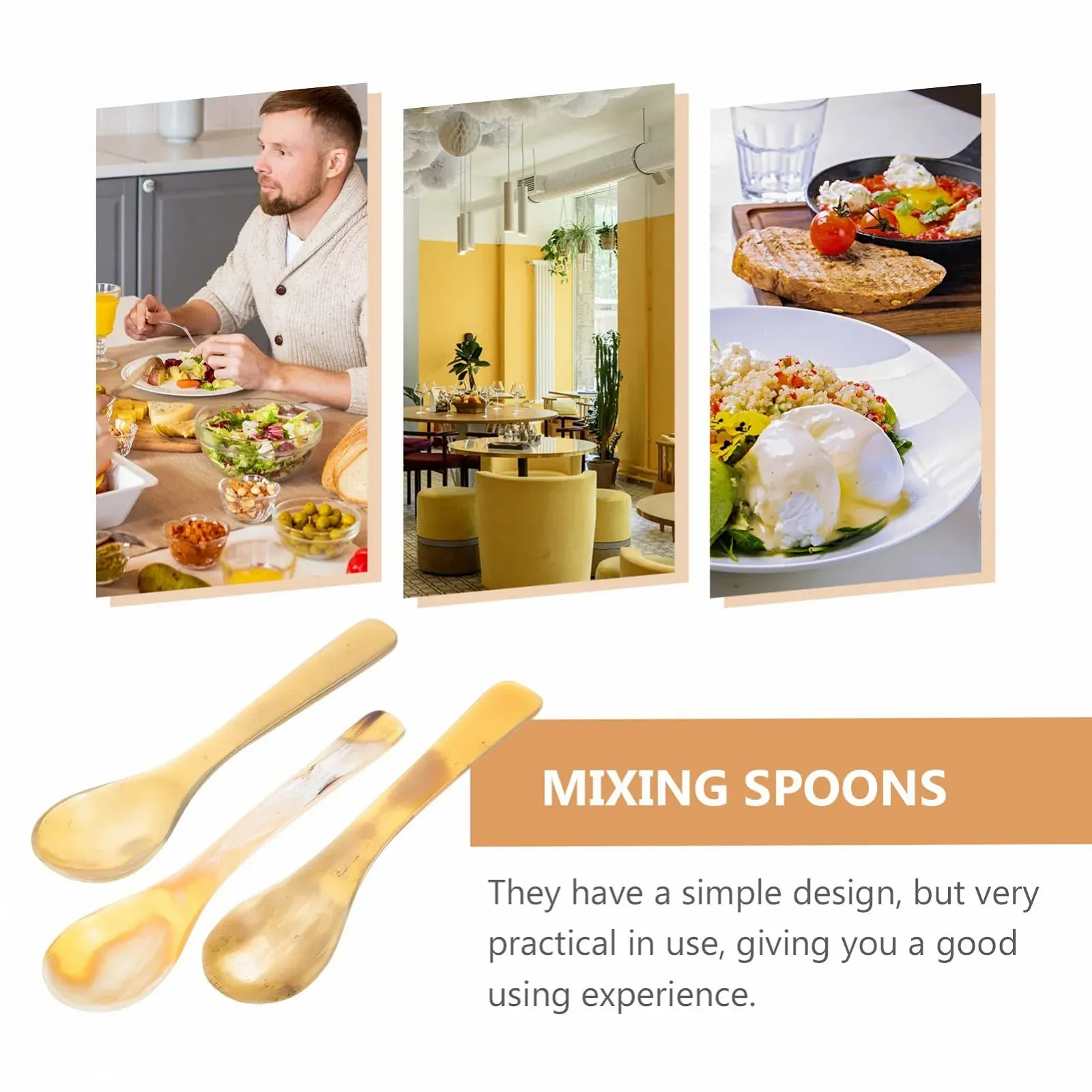 Набор роговых ложек HOMSFOU, 3 шт, детские ложки, ложки для смешивания кофе, йогурта, горчицы, варенья, мадлер для коктейлей, ложки, суповые ложки, ложки для торта, кофейные ложки, десертные ложки, фото №6