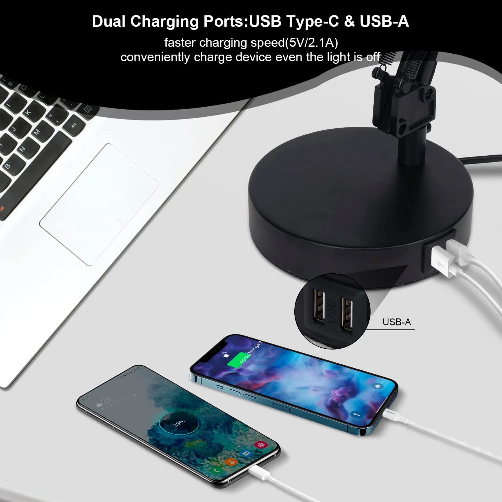 Настільна лампа FIRVRE металева регульована, гнучка шия, поворотний кронштейн, з USB-портами, чорна, фото №4