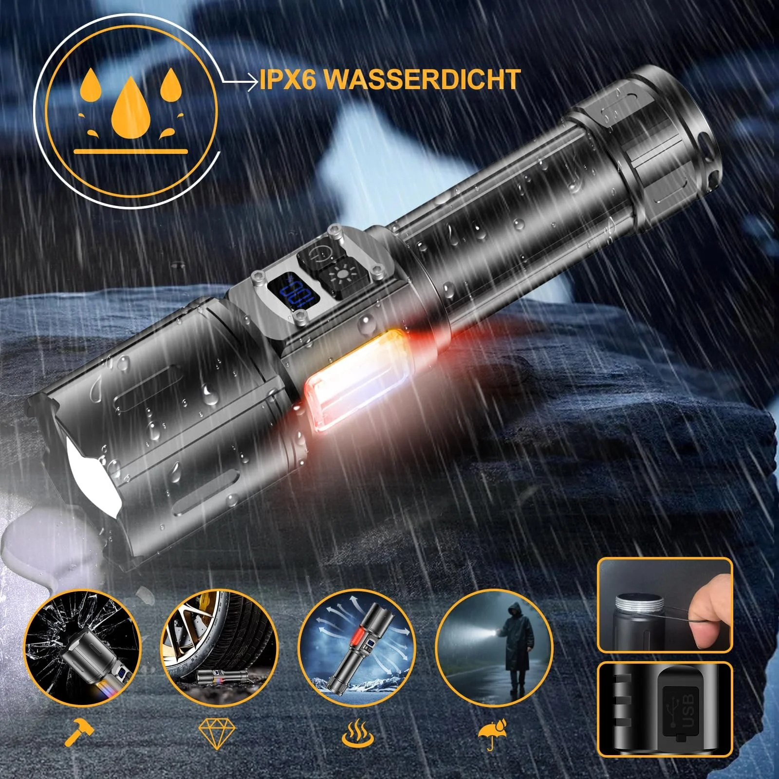 Світлодіодний ліхтар BEYSTE LC223 500 000 люмен тактичний акумуляторний USB 9 режимів з COB боковим світлом плавне регулювання яскравості для кемпінгу, фото №8