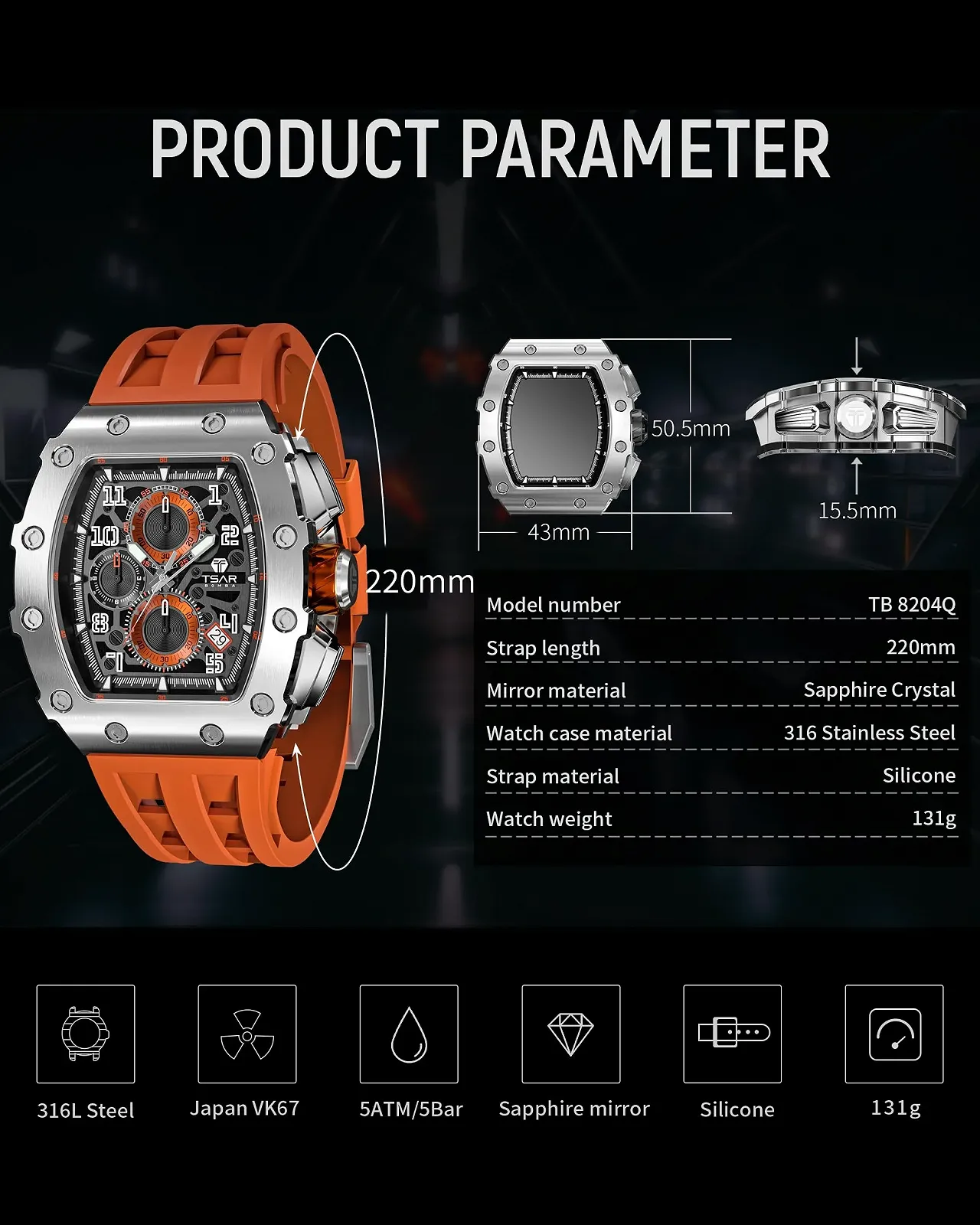 Мужские часы Квадратные Аналоговые TSAR BOMBA 50 м Водонепроницаемые Tonneau Хронограф Спортивный Дизайн Ночные часы с Резиновым Ремешком, фото №5 Мужские часы Квадратные Аналоговые TSAR BOMBA 50 м Водонепроницаемые Tonneau Хронограф Спортивный Дизайн Ночные часы с Резиновым Ремешком, фото №5