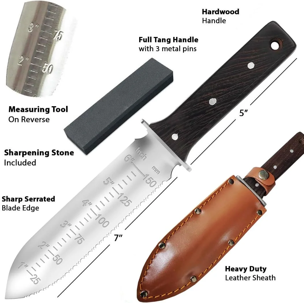 Садова лопатка Professional, садова з нержавіючої сталі з шкіряним чохлом і точильним каменем, міцна садова лопатка для прополки, копання, різання та посадки, чорна, фото №4