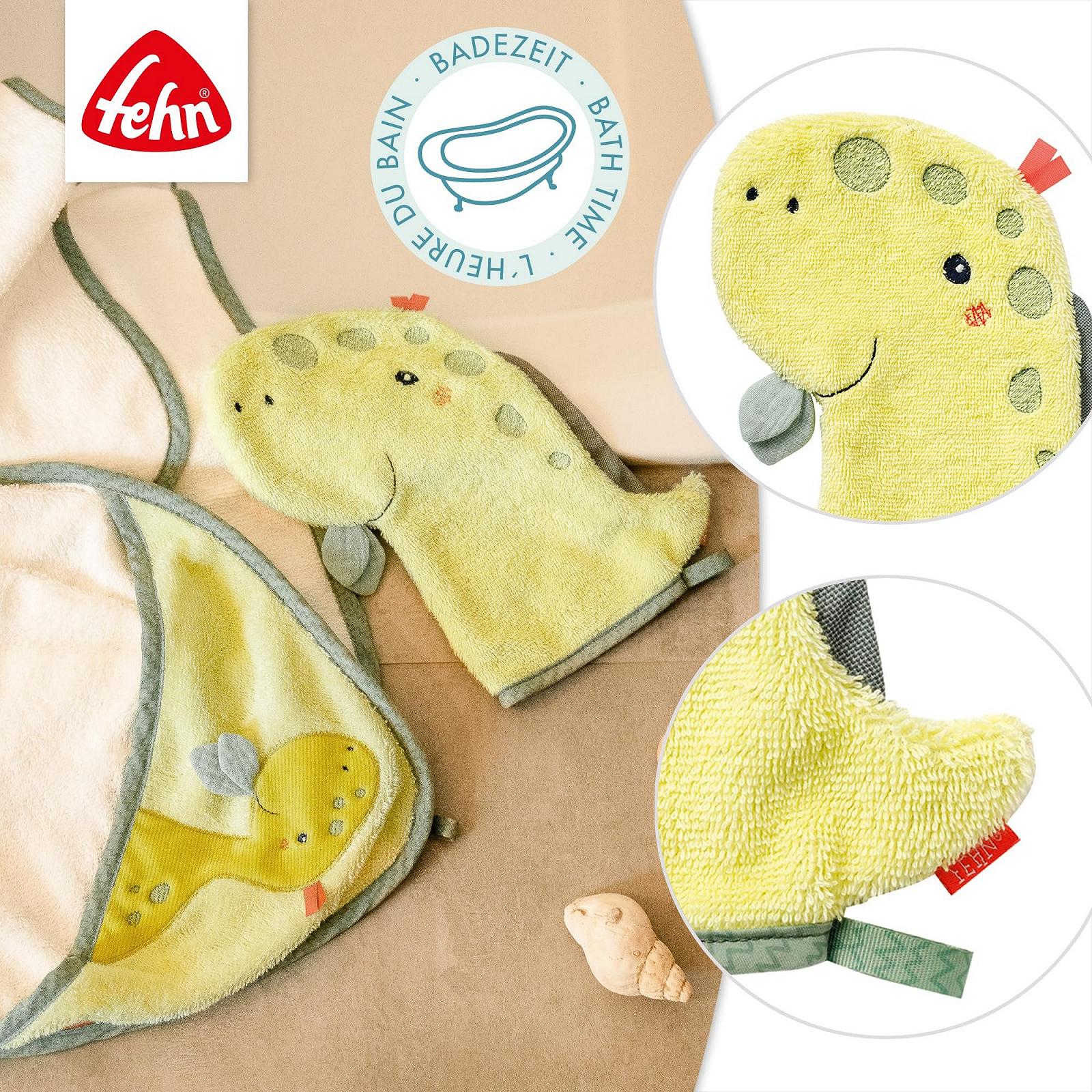 Рушник для ванни Fehn Baby Dino дитячий пончо, махрова тканина та серветка Dino Wash Mitt з мотивом, фото №7