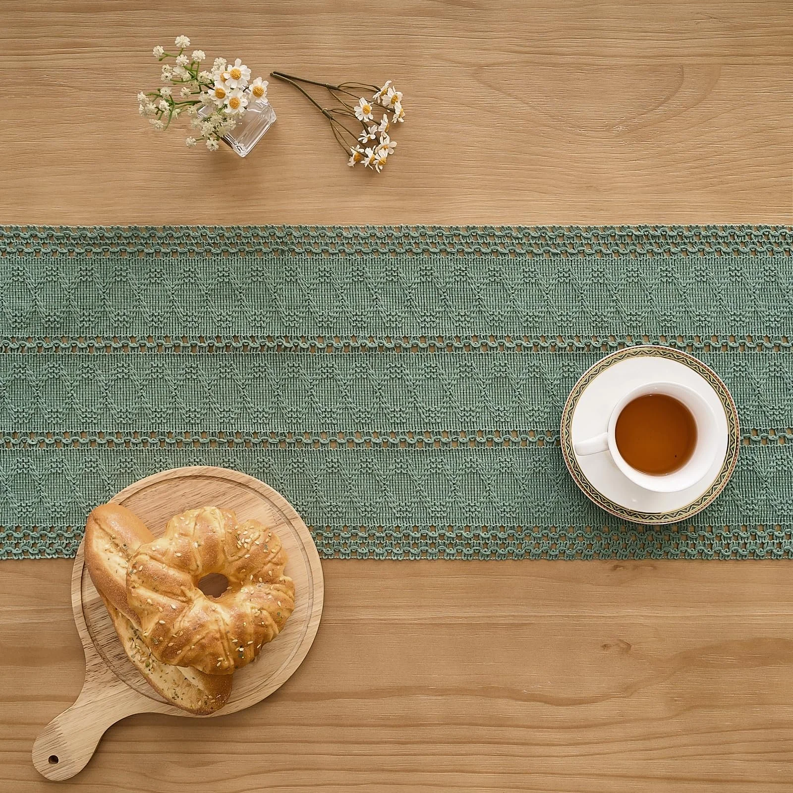 Доріжка на стіл Boho 30 x 120 см Макраме Бавовна та льон Шавлієва зелена, фото №4 Доріжка на стіл Boho 30 x 120 см Макраме Бавовна та льон Шавлієва зелена, фото №4