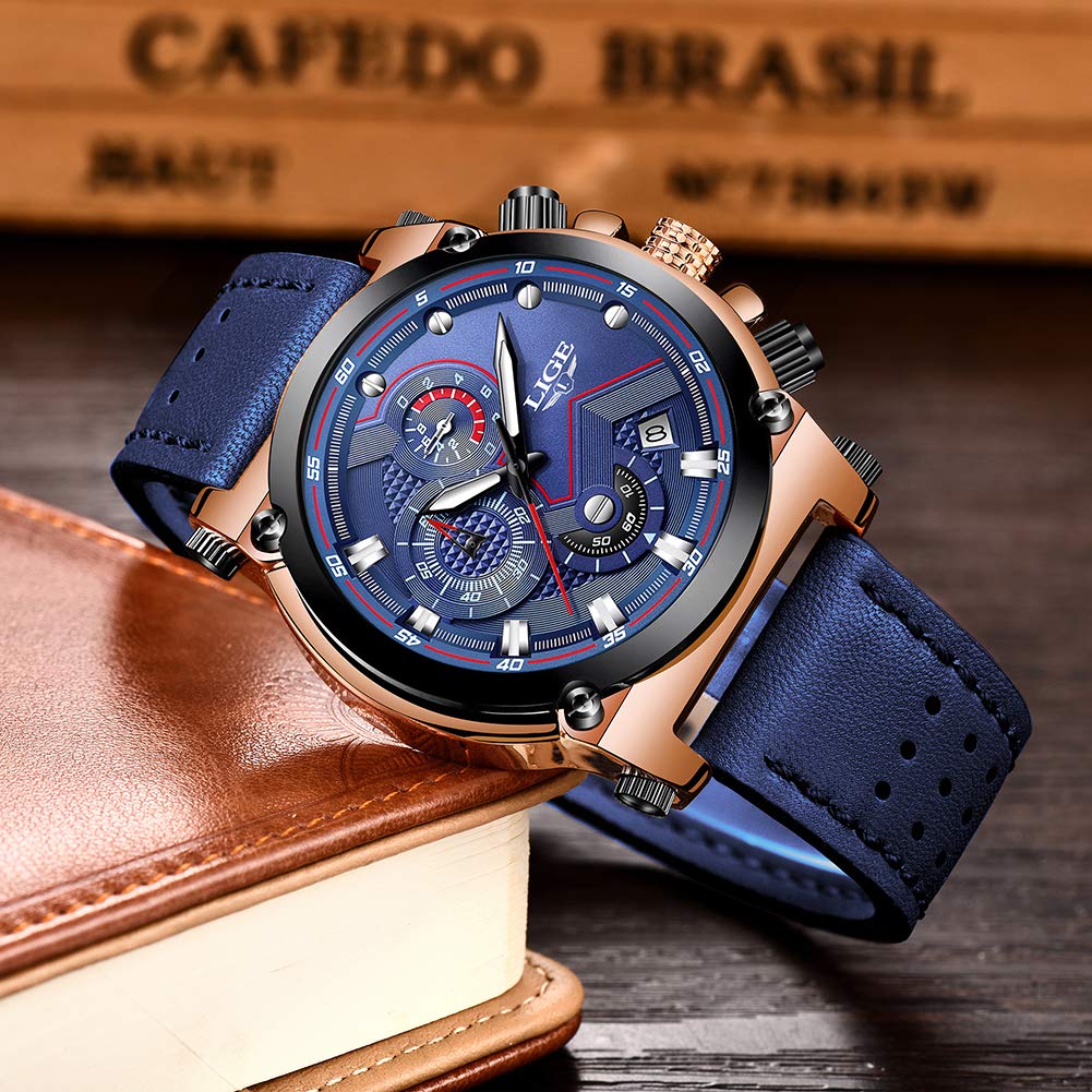 Часы Lige Мужские Модели - Модные Золотые Часы для Мужчин - Классический Черный Кожаный Ремешок с Автоматическим Датчиком, фото №5