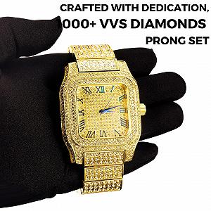 Мужские часы Halukakah Moissanite Diamond Gold - 18 карат, позолоченные/платина, белое золото, римские цифры, квадратный циферблат, тяжелые - 200 г, 3 стороны Iced Out, браслет 24 см synthetic.ua - Фото 1