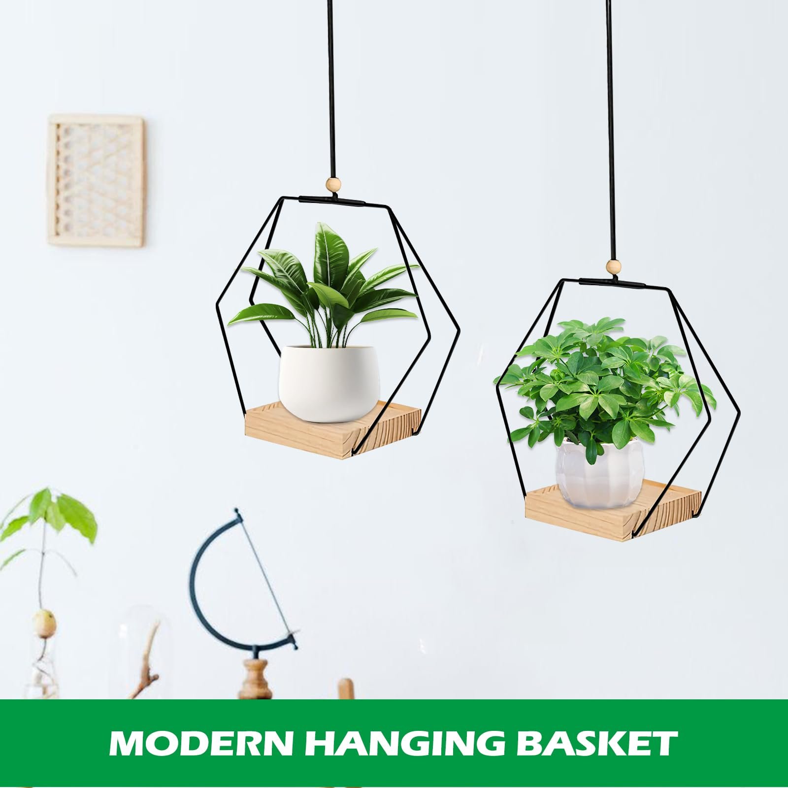 Підвісні кошики набір 3 шт. металеве кільце дерев'яна основа Бохо чорні, фото №4