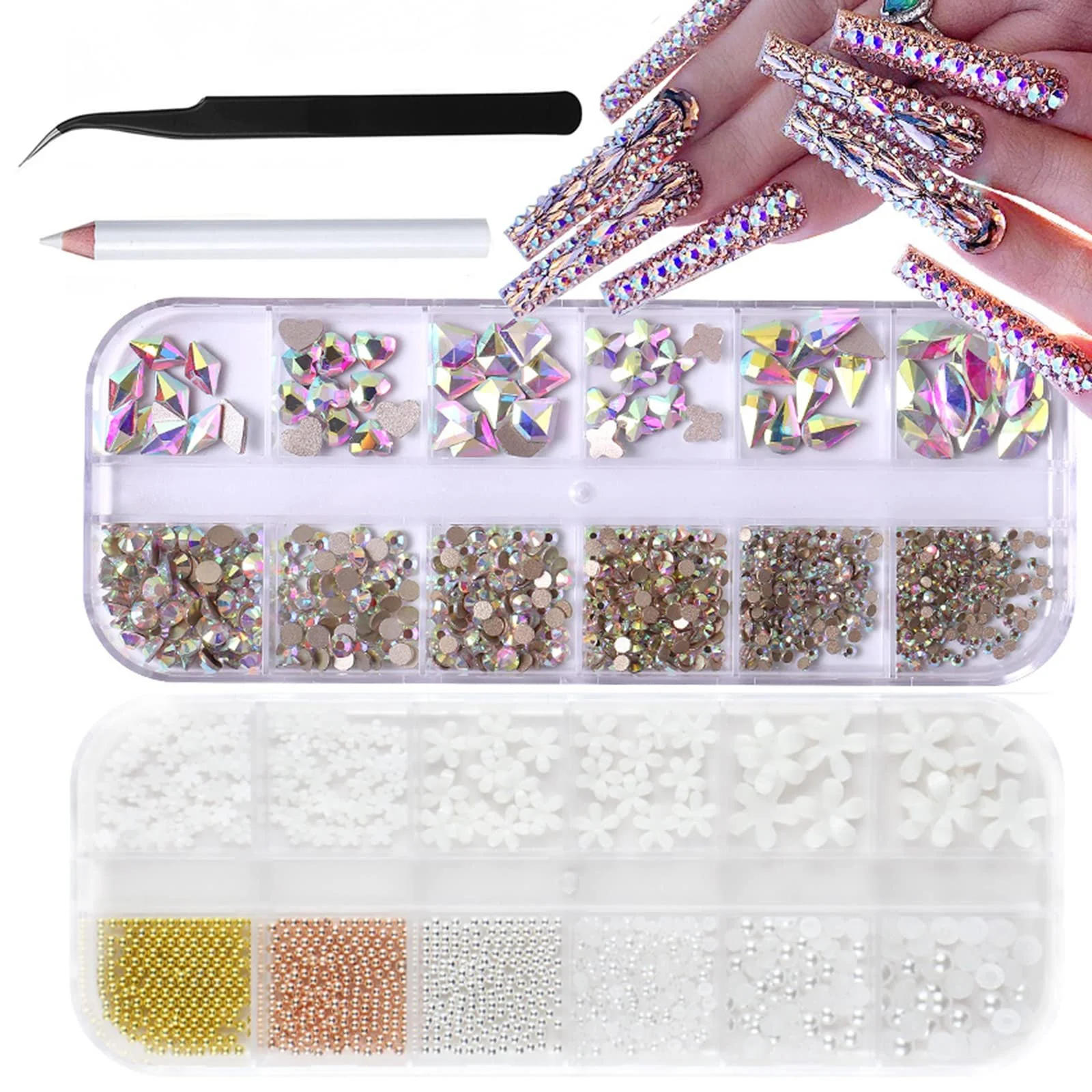 Набір страз кристали різних форм, перли, пінцет і олівець для підбору, фото №1 Набір страз кристали різних форм, перли, пінцет і олівець для підбору, фото №1