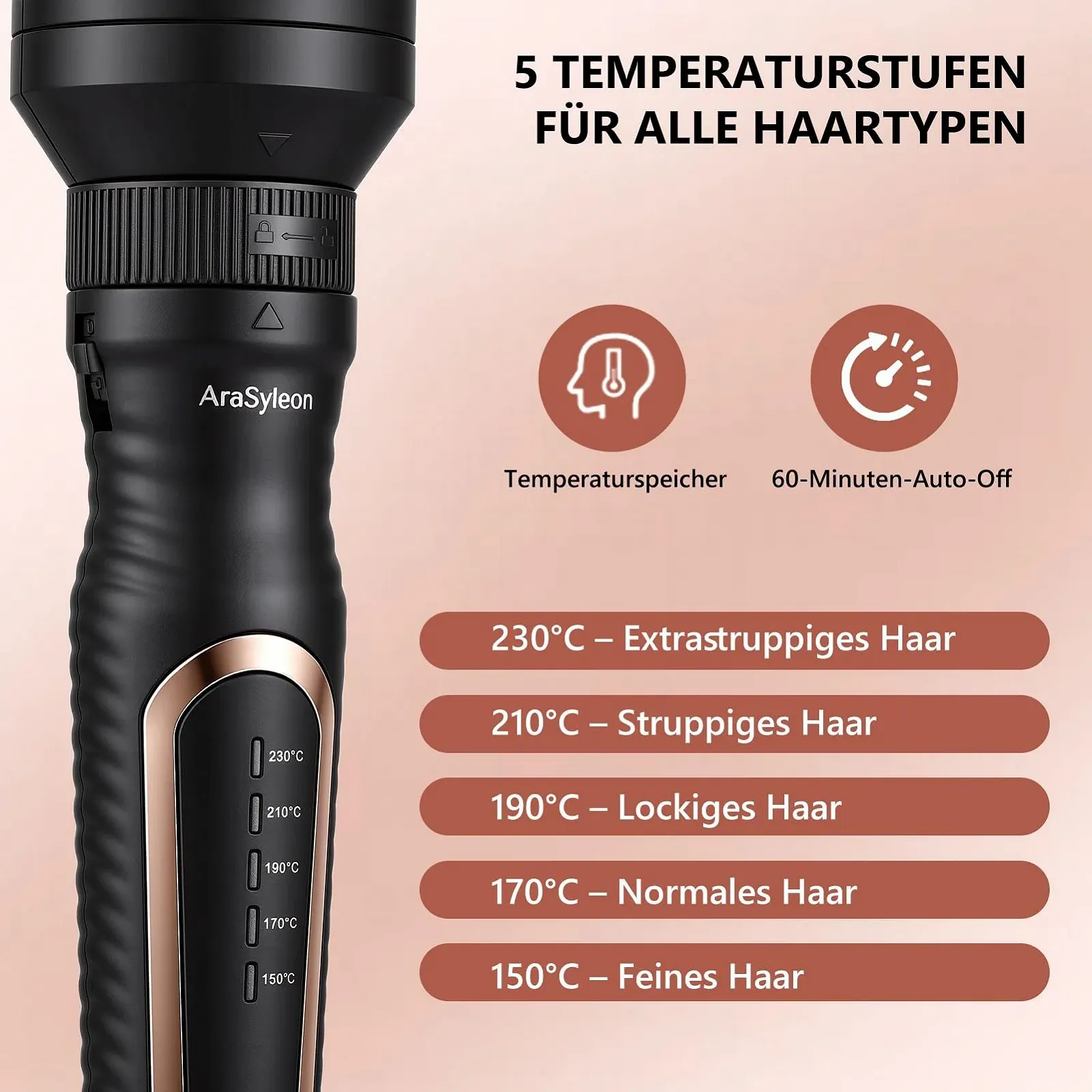 Набір термощіток 3-в-1 AraSyleon 3 насадки 32/38/45 мм 150-230 °C MCH Кераміка Турмалін Іонізація, фото №6 Набір термощіток 3-в-1 AraSyleon 3 насадки 32/38/45 мм 150-230 °C MCH Кераміка Турмалін Іонізація, фото №6
