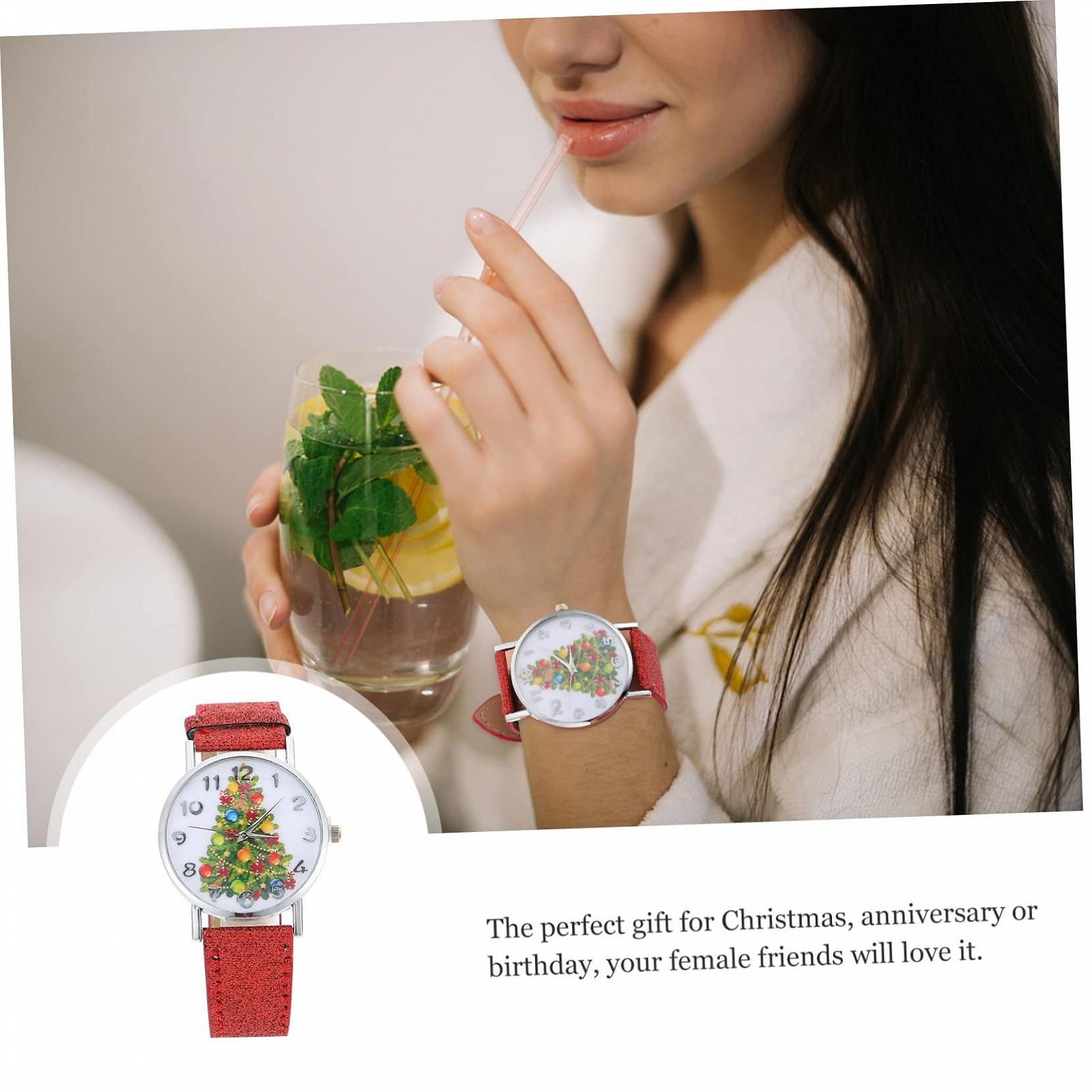Женские наручные часы LIFKOME 1 шт. с дизайном елки, кварцевые часы для женщин с кожаным ремешком для Рождества, дней рождения и юбилеев, фото №2