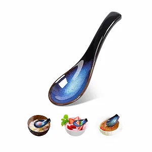 Ложка для супа в японском стиле, керамическая, синяя, ретро, для рамен, с короткой ручкой, маленькая фарфоровая, креативная, для десертов и фруктов, синяя (2 шт) synthetic.ua - Фото 1