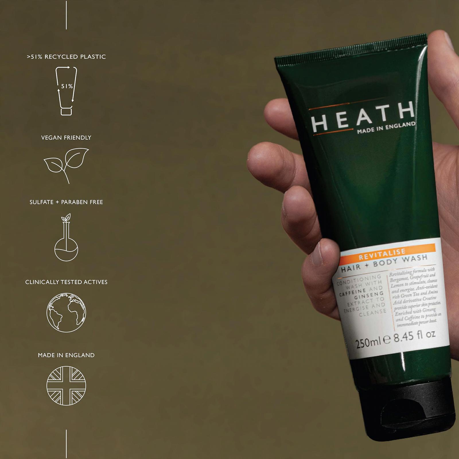 Гель для душу та шампунь Heath Revitalise для чоловіків з кофеїном та екстрактом женьшеню 250 мл, фото №4 Гель для душу та шампунь Heath Revitalise для чоловіків з кофеїном та екстрактом женьшеню 250 мл, фото №4