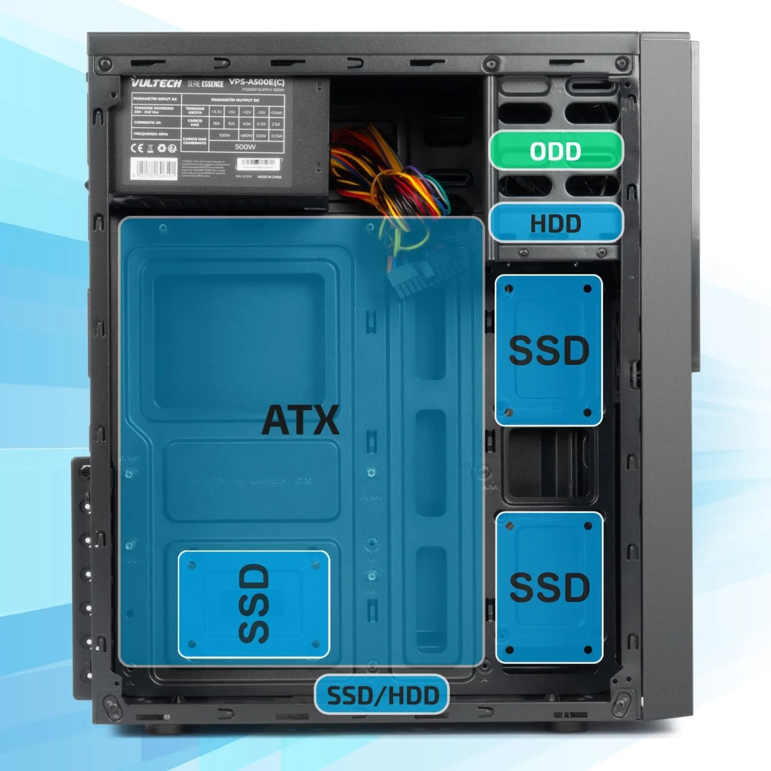 Корпус для ПК Vultech ATX VCO-A1699P Rev. 2.2 / БЖ 500 Вт / Чорний, фото №3 Корпус для ПК Vultech ATX VCO-A1699P Rev. 2.2 / БЖ 500 Вт / Чорний, фото №3