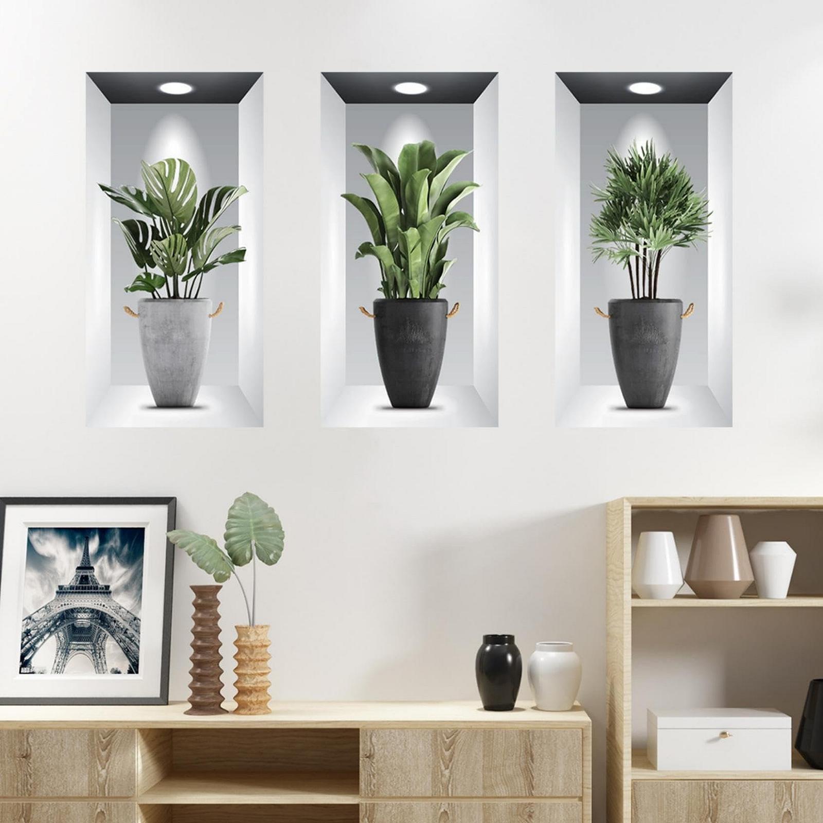 Набор наклеек на стену 3 шт. 3D Green Potted Plant Waterproof Wall Art 3D Plant Living Room Bedroom Bathroom Kitchen Office Decor 30 x 60 см, фото №1
