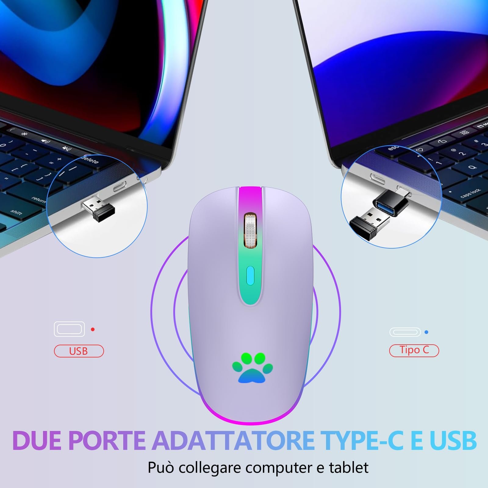 Мышь KBCASE Беспроводная 2.4 GHz USB, Bluetooth 1600 DPI, оптическое отслеживание, перезаряжаемая, игровая, 7 цветов LED подсветки, фото №3