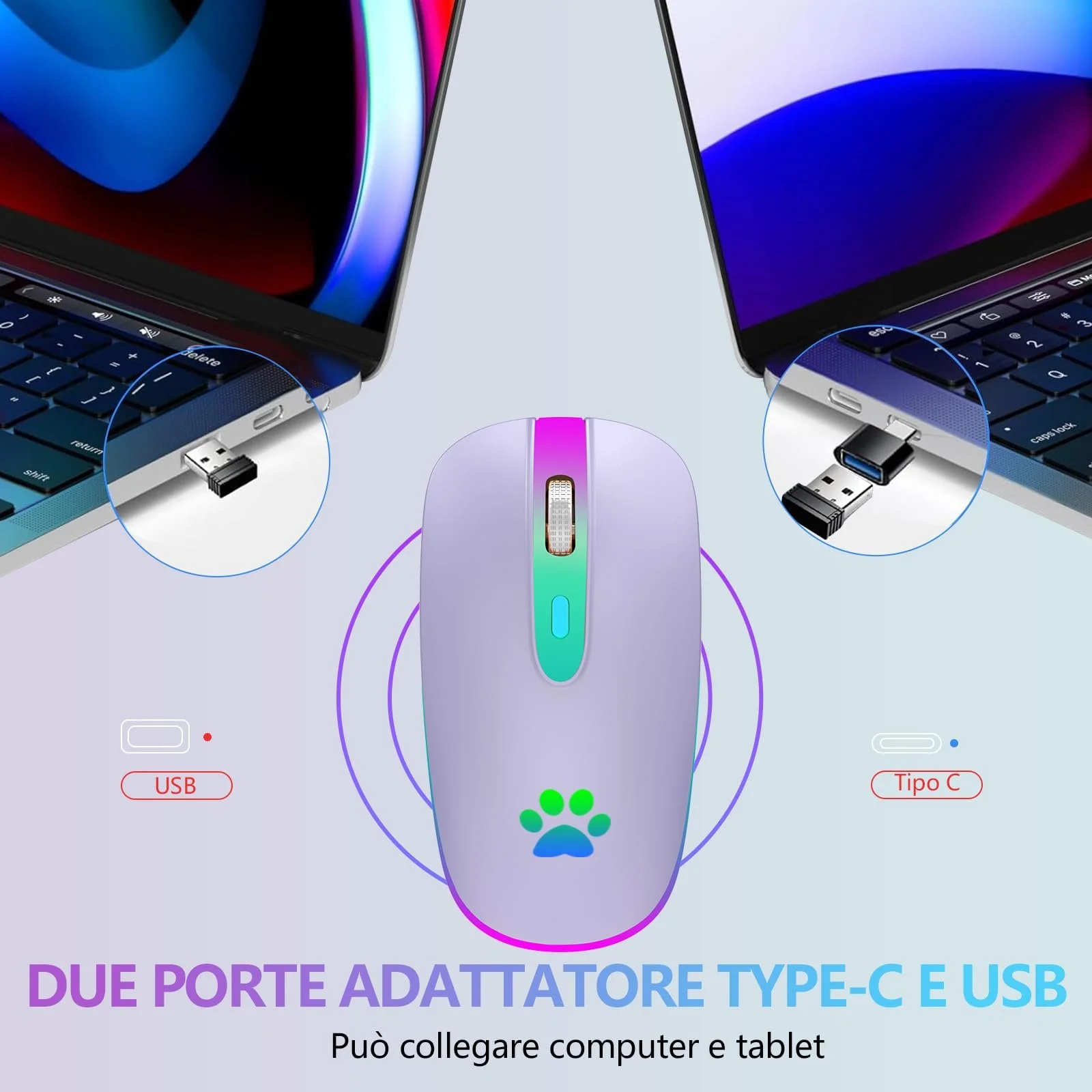 Мышь KBCASE Беспроводная 2.4 GHz USB, Bluetooth 1600 DPI, оптическое отслеживание, перезаряжаемая, игровая, 7 цветов LED подсветки, фото №3