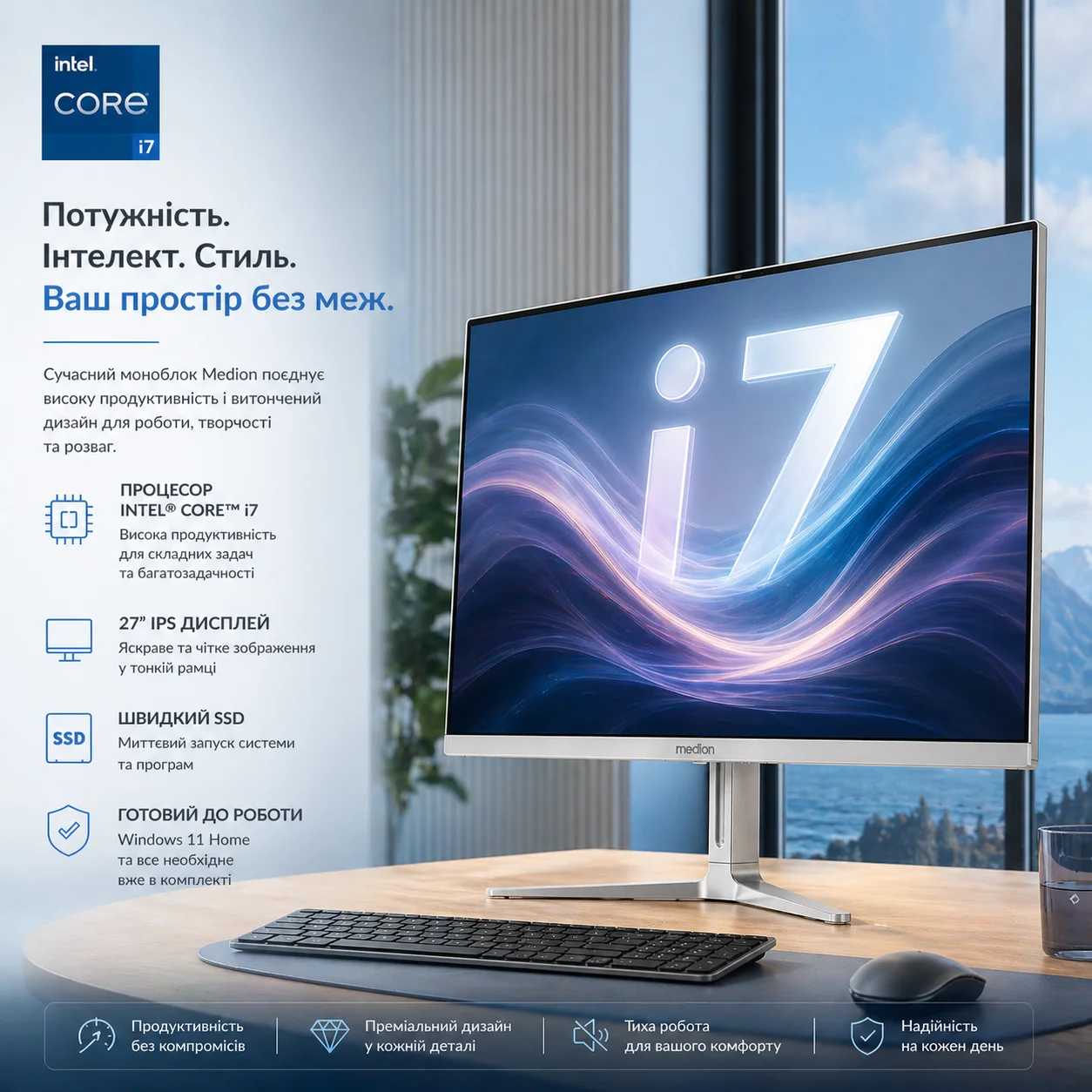 Моноблок 27" Medion (Lenovo Group) Akoya E27403 | Intel Core i7-1165G7 | IPS (1920x1080) FullHD | RAM 16 ГБ | SSD NVME 512 ГБ | Intel Iris Xe Graphics | Wi-Fi 5 | Bluetooth 5.0 | Тонкий корпус | Win11 (5176), фото №1
