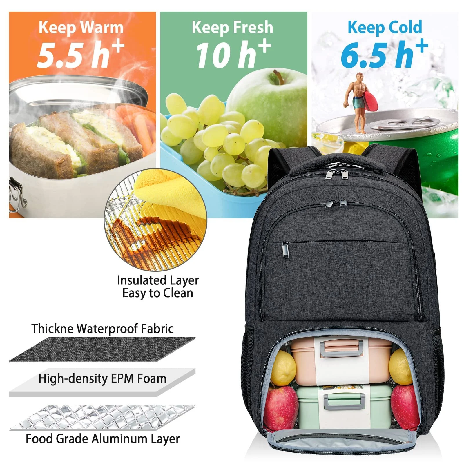 Рюкзак для ноутбука BIKROD Large Lunch 17.3 дюйма с USB и термоотделением Черный, фото №4 Рюкзак для ноутбука BIKROD Large Lunch 17.3 дюйма с USB и термоотделением Черный, фото №4