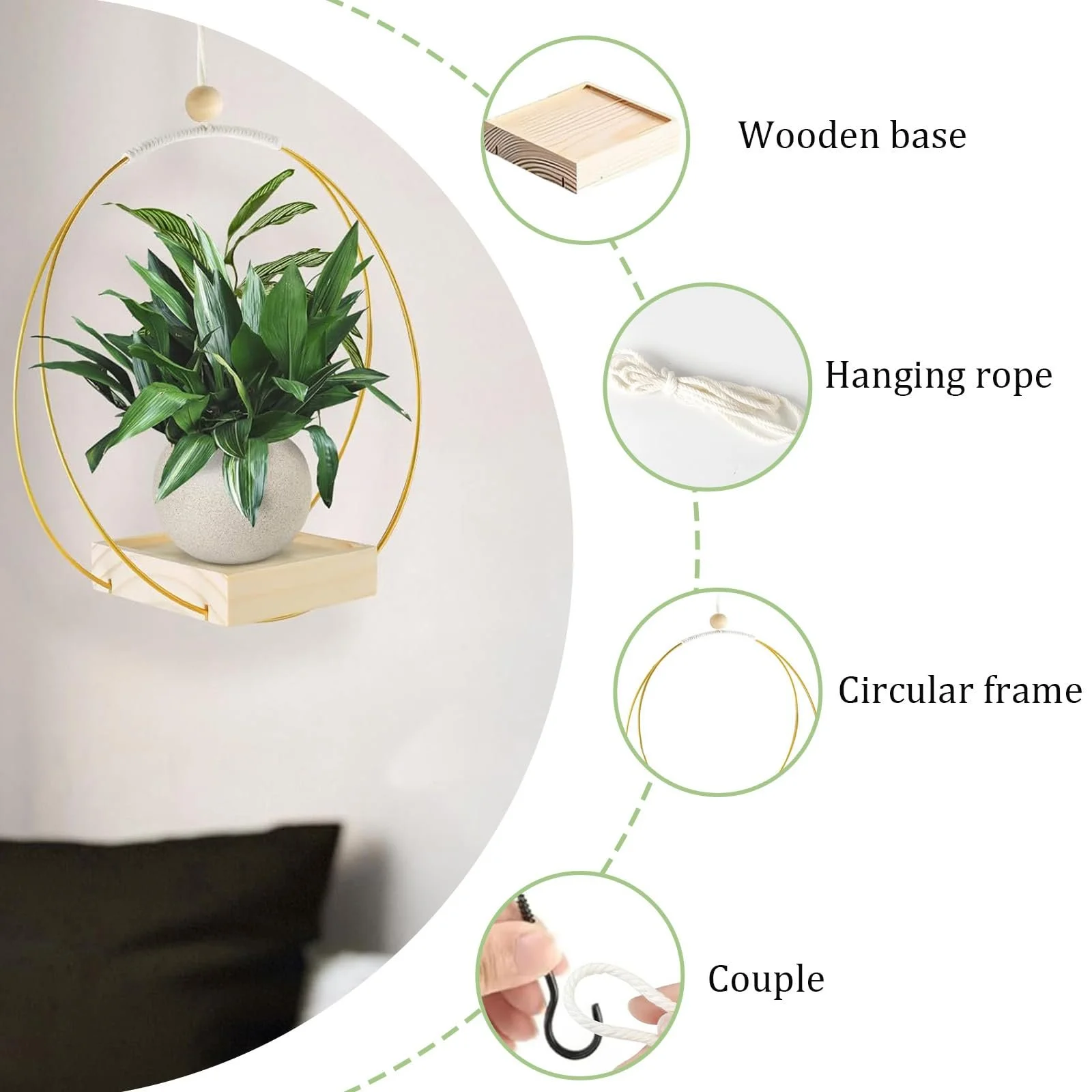 Підвісний кошик для рослин Металевий з дерев’яною основою та регульованою мотузкою Золотистий, фото №3 Підвісний кошик для рослин Металевий з дерев’яною основою та регульованою мотузкою Золотистий, фото №3