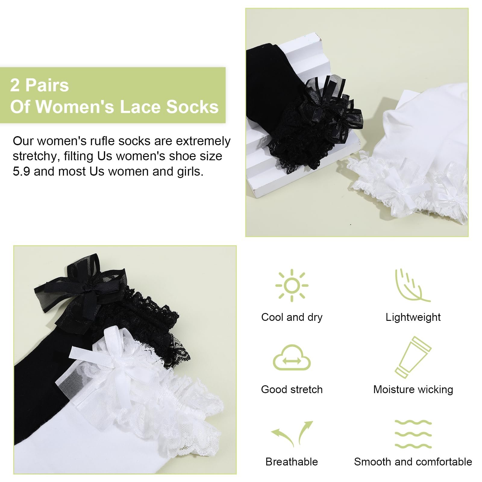 Носки с кружевом и бантами Teaaha, 2 пары, элегантные кружевные носки, дышащий хлопок, милые носки принцессы, белые, фото №5