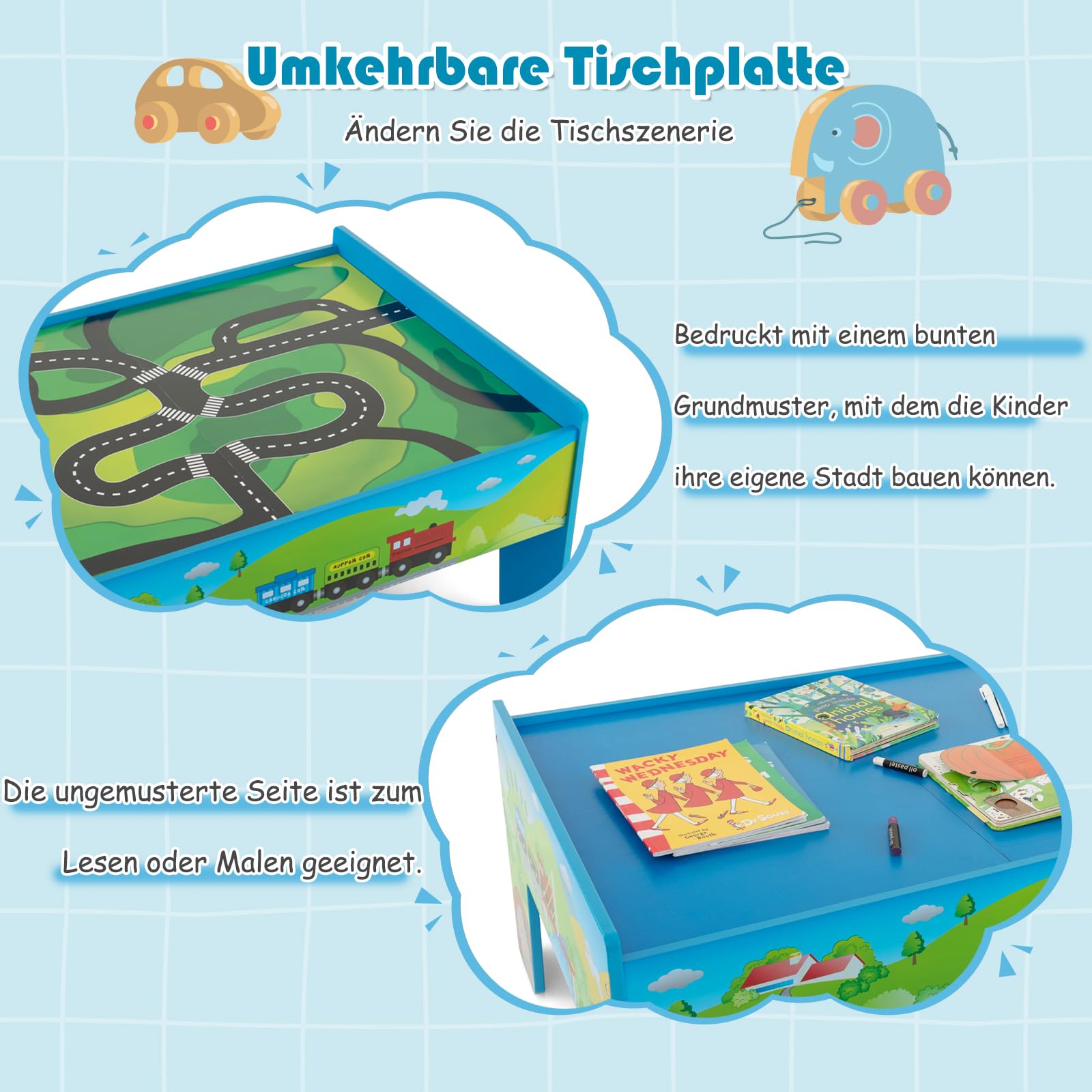 Ігровий стіл GOPLUS з дерева з 80-елементним залізничним набором, фото №2 Ігровий стіл GOPLUS з дерева з 80-елементним залізничним набором, фото №2