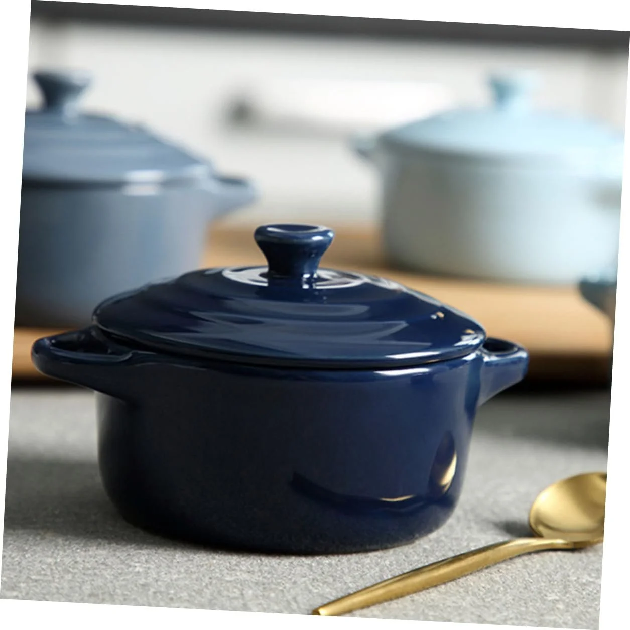 Миска-кастрюля керамическая Lurrose с крышкой и двойной ручкой Темно-синяя, фото №7