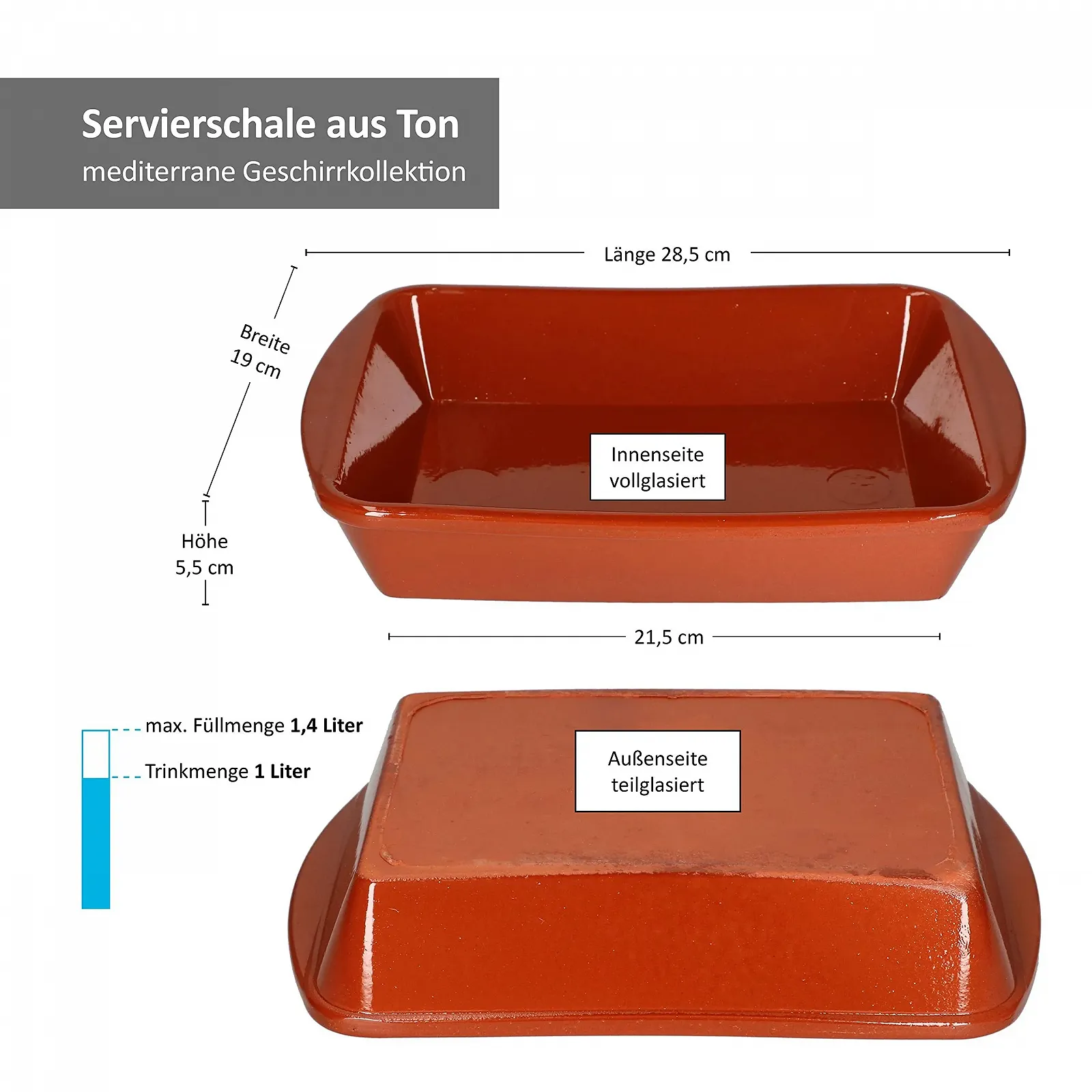 Форма для запікання MamboCat Набір з 2 шт Глиняна 1 л 28.5 x 19 x 5.5 см Прямокутна Глазурована, фото №5