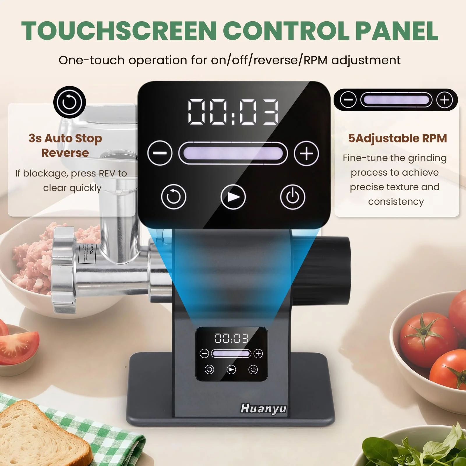 Электрическая мясорубка Huanyu 2000 Вт Touchscreen 2 Blades 3 Plates, фото №3