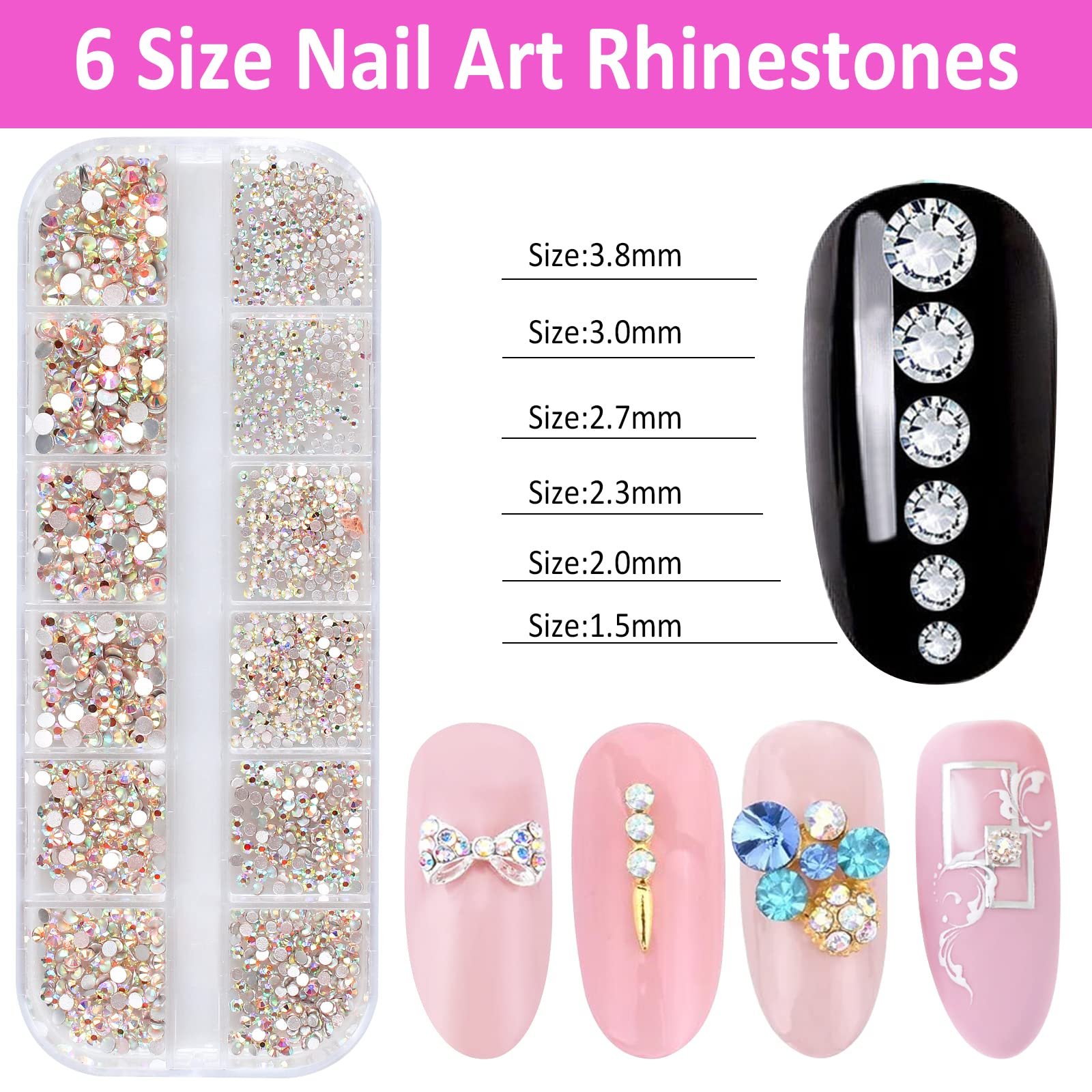 Стразы для ногтей 1560 шт., кристаллы с плоской задней стенкой с ручкой для точечной росписи и пинцетом, камни для дизайна ногтей, поделок, 3 коробки, фото №2