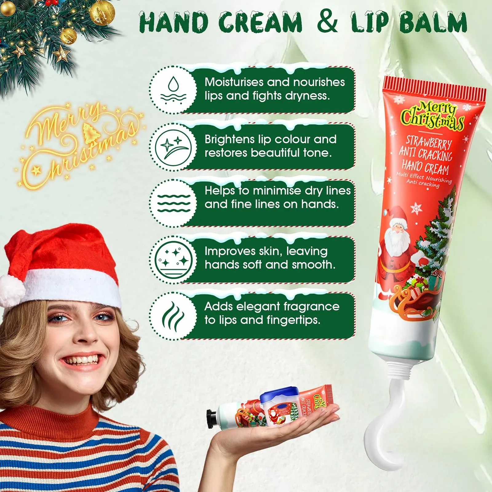 Набор для рук Allony Mini Christmas, 4 шт. рождественский крем для рук + 4 шт. бальзам для губ, крем для рук для очень сухой кожи, набор рождественских кремов для рук, подарочный набор на Рождество и день рождения, фото №3