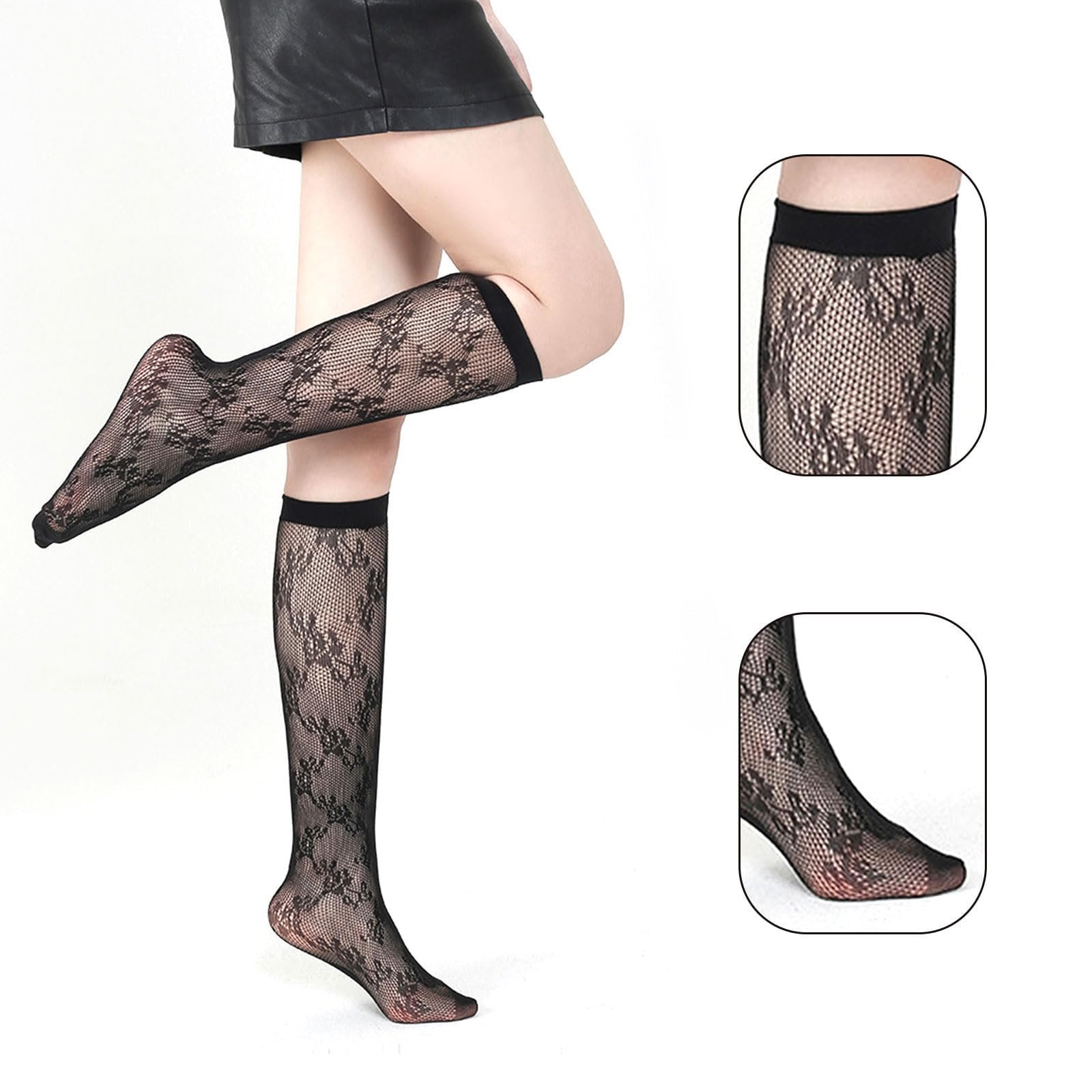 Чулки в сеточку Женские Ультратонкие 5 пар Узорные до колена Один размер Черный, фото №7