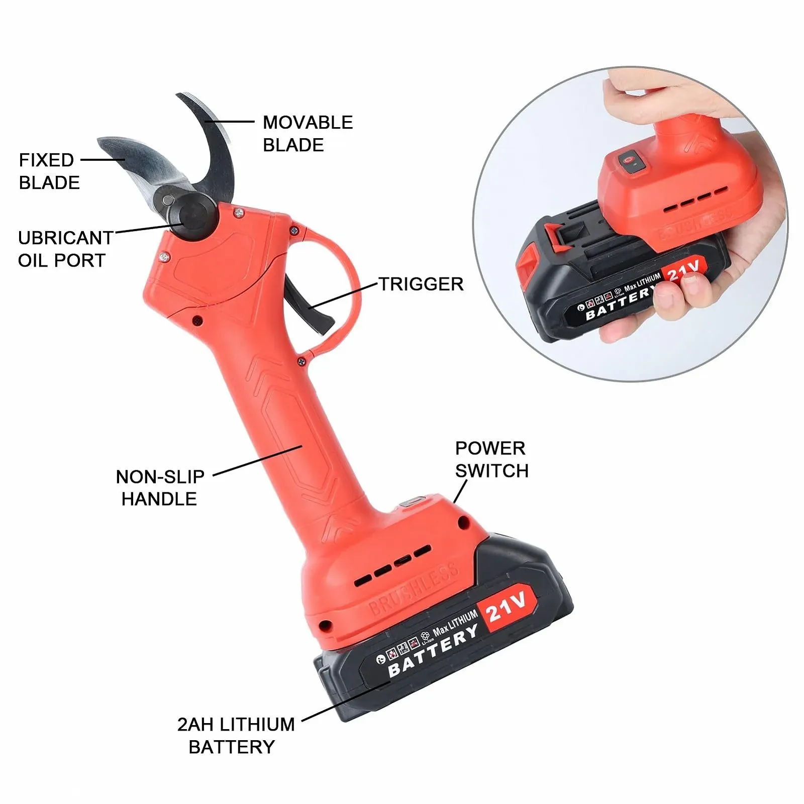 Електричний секатор Kripyery 21V 2 акумулятори 25 мм (1") Orange, фото №6